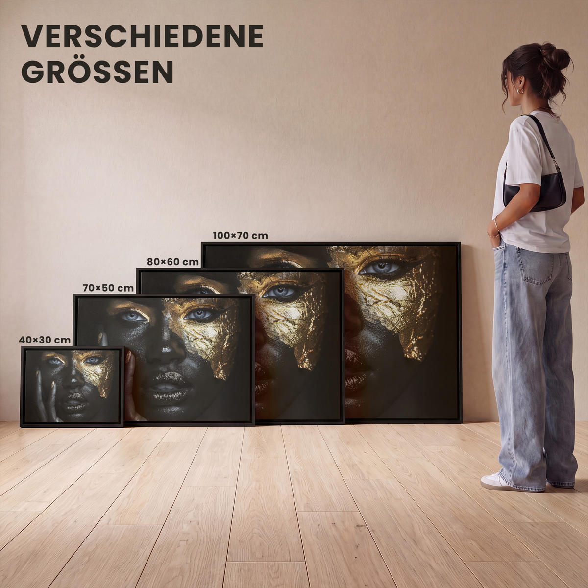 LEINWAND Bilder mit Rahmen - Frau - Gold - Porträt - Schwarz-Weiß - Luxus - 100x70 - Hellblau, Textil (100/70cm) - MuchoWow