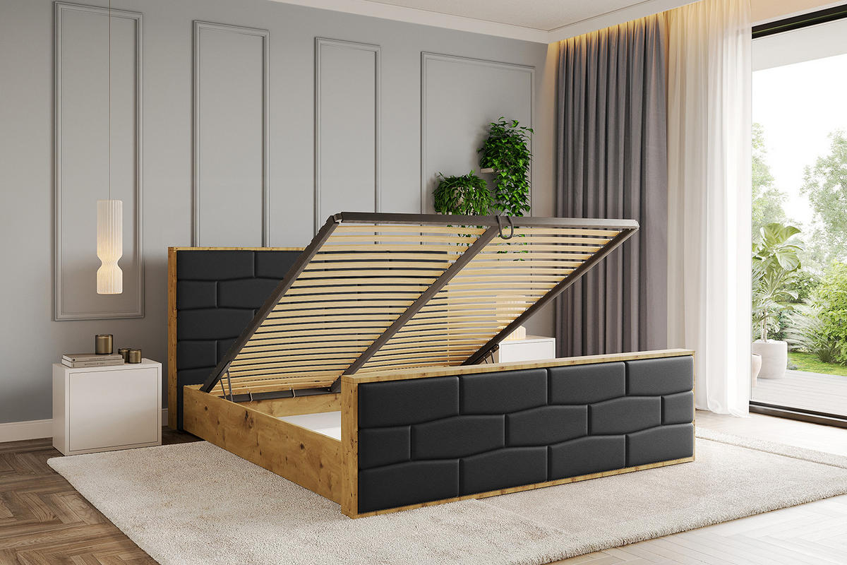 POLSTERBETT mit Bettkasten, Fußteil und Lattenrost, Boxbett mit Matratze H3/H4 - ENZO8-Z 160x200 Schwarz Kunstleder - Schwarz Hochglanz, Holzwerkstoff/Textil (160/200cm) - ALTDECOR