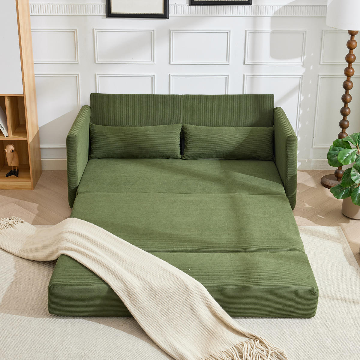 2-SITZER SCHLAFSOFA Cord Grün mit Kissen und Magazintaschen - Grün, Holzwerkstoff/Textil (165/67/212cm) - WISHDOR