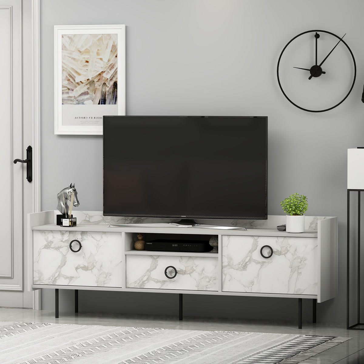 TV-LOWBOARD Büsra Weiß Holz und Marmor Optik 3 türig 9208 - Weiß/Grau, Holzwerkstoff/Metall (184/63/37cm) - moebel17