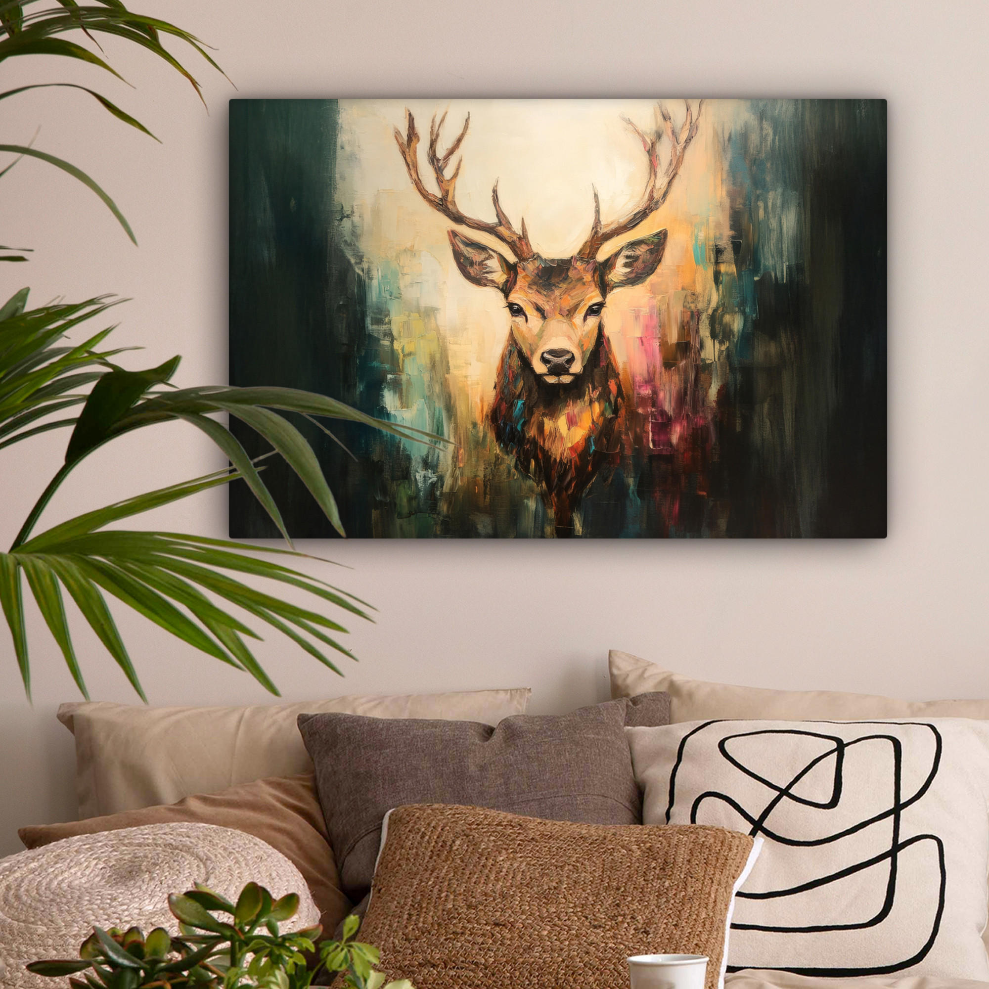 LEINWANDBILD Hirsch - Gemalt - Geweih - Braun Gemälde 60x40 cm - Haselnussfarben, Textil (60/40cm) - MuchoWow