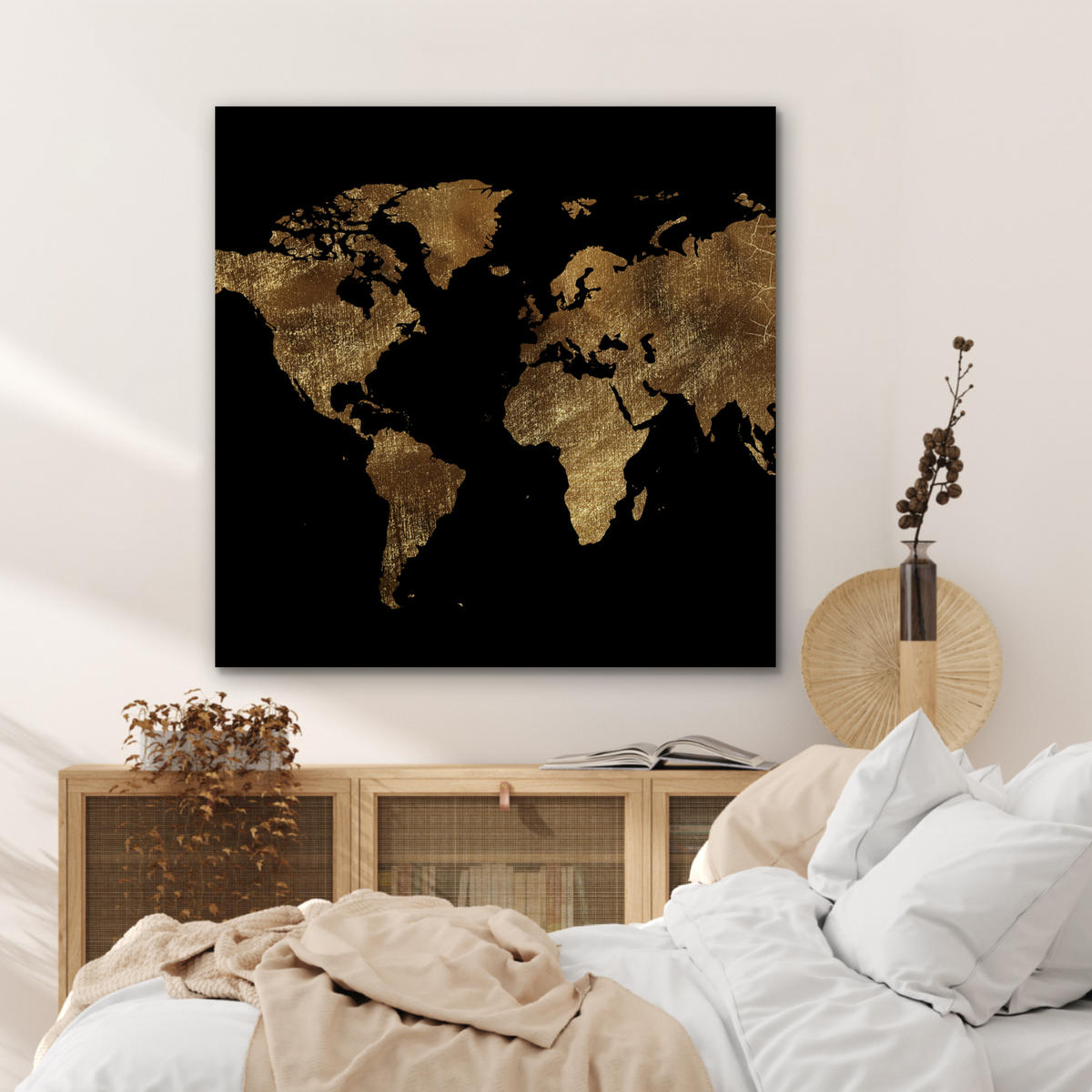 KOVOVÝ OBRAZ Mapa sveta - Zlato - Luxus - Zem - Čierna 90x90 cm - zlatá, kov (90/90cm) - MuchoWow