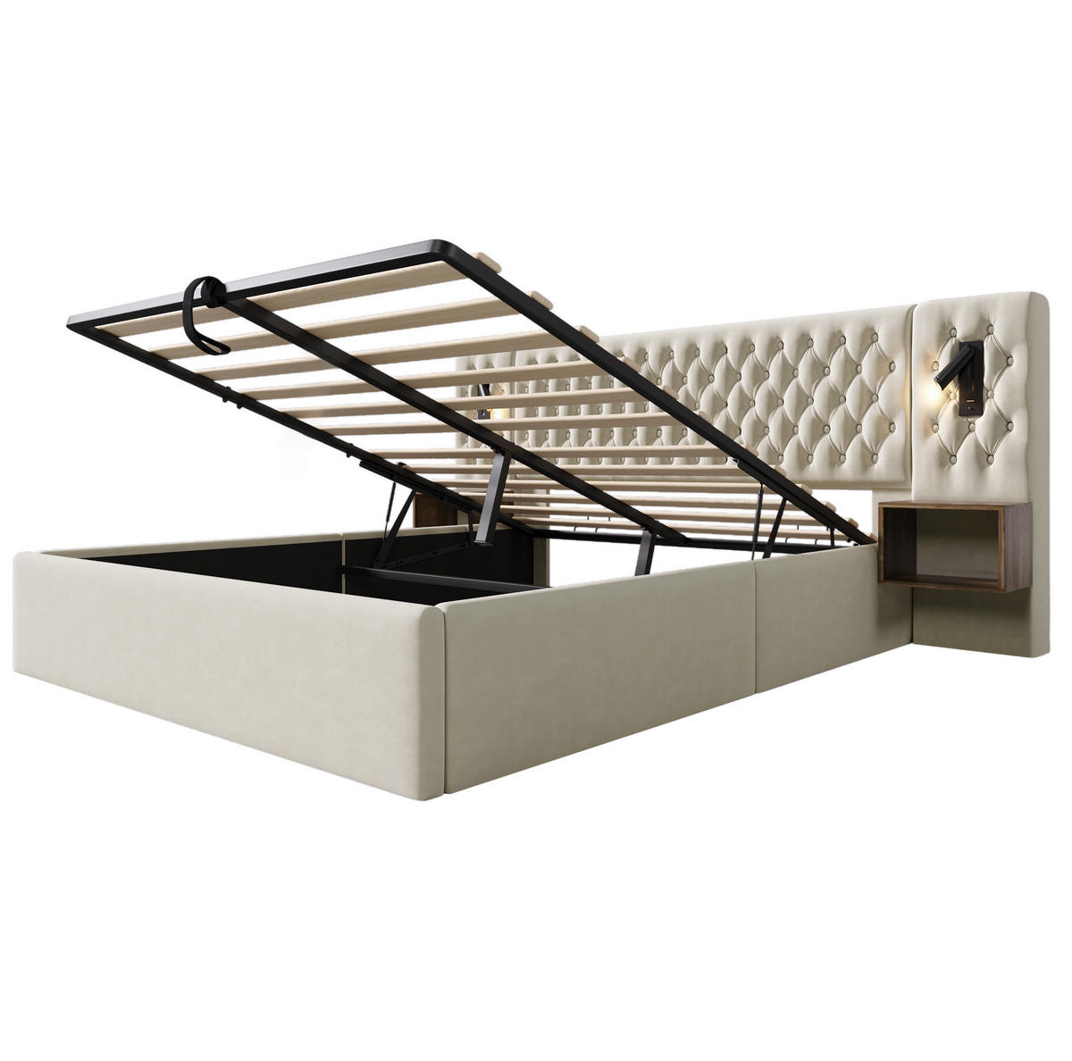 SAMT-POLSTERBETT 160/200 cm mit Bettkasten, Nachttischen und Leselicht in Beige - Beige, Textil (160/200cm) - BEAOK