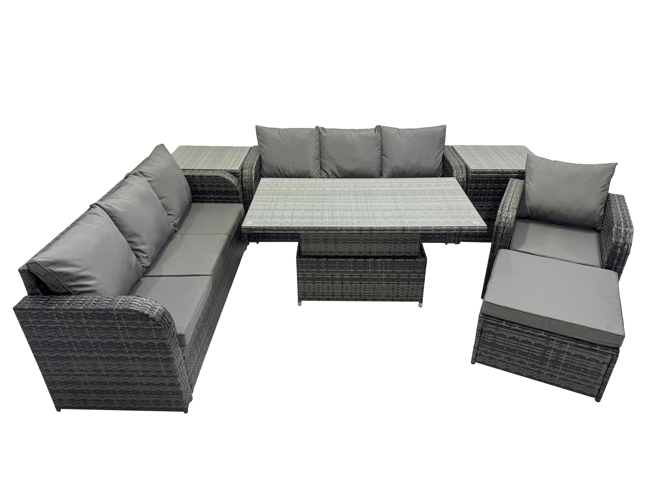 GARTENMÖBELSET mit Höhenverstellbarer Esstisch 8-Sitzer Grau - Dunkelgrau/Grau, Glas/Kunststoff - Fimous
