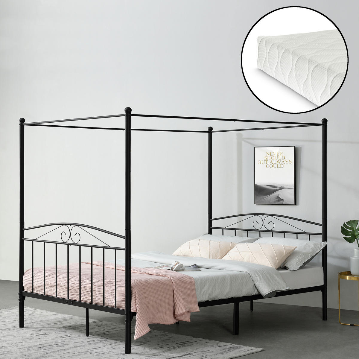HIMMELBETT Lahti mit Matratze - Schwarz, Textil/Metall (180/200cm) - [en.casa]