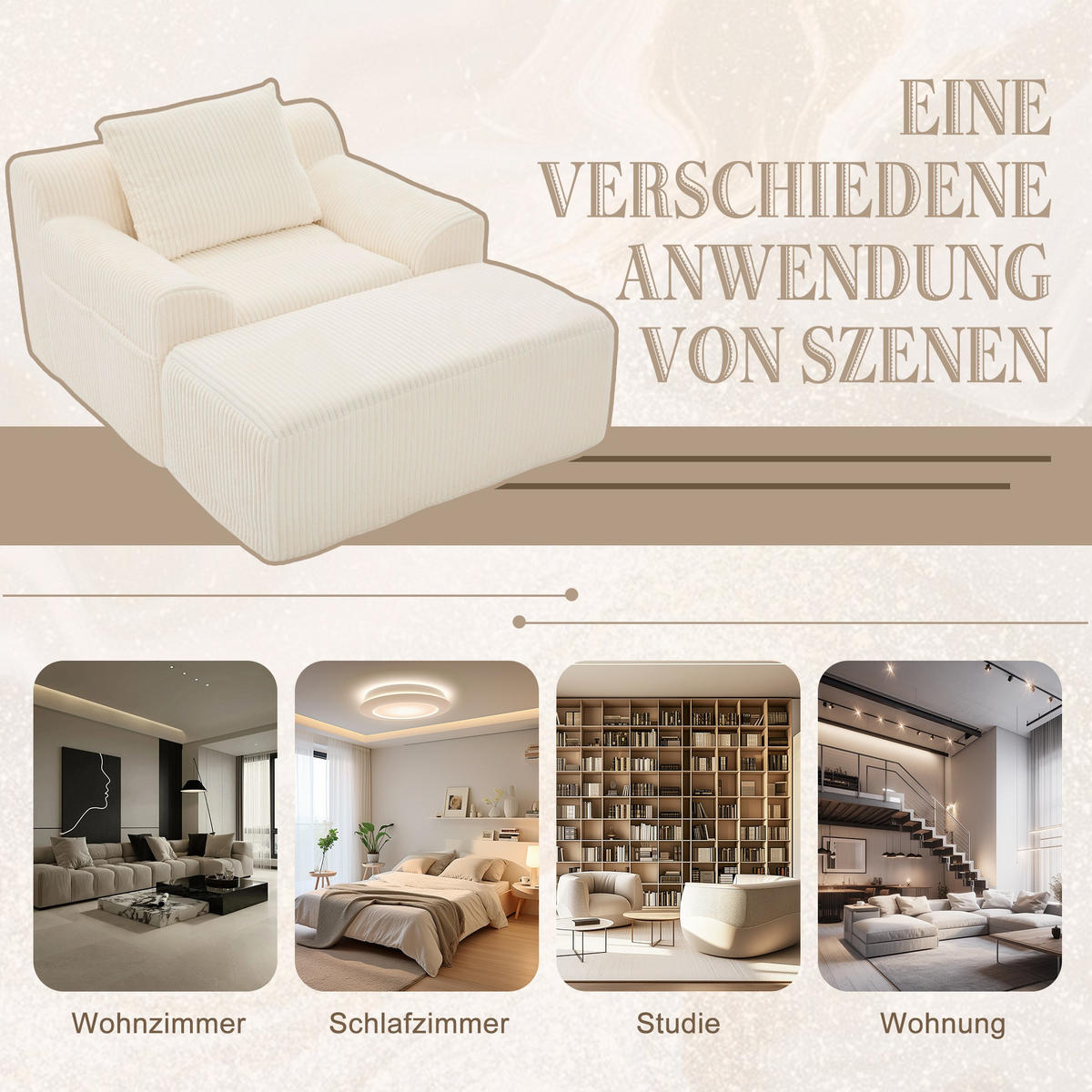 RELAXSESSELSET Übergroßer Loungesesselmit Fußhocker,Cord,Beige - Beige, Textil (110/87/147cm) - LVHOM