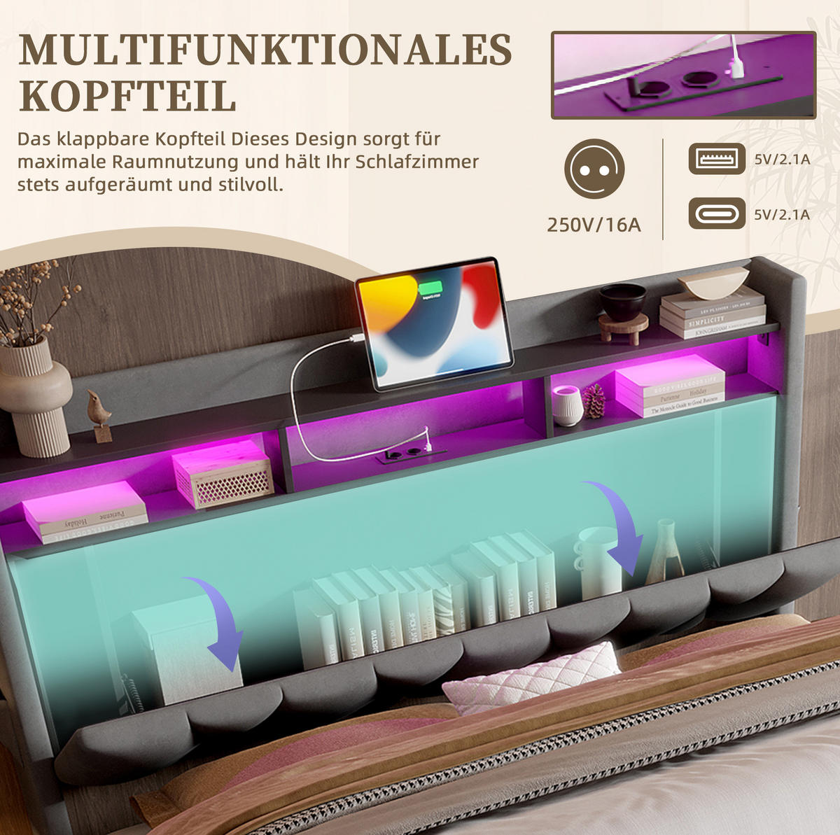 POLSTERBETT 140/200 cm mit LED-Beleuchtung, USB- und Type-C-Anschluss, Stauraum-Kopfteil und Bettkasten, Dunkelgrau - Dunkelgrau, Textil (140/200cm) - Redom