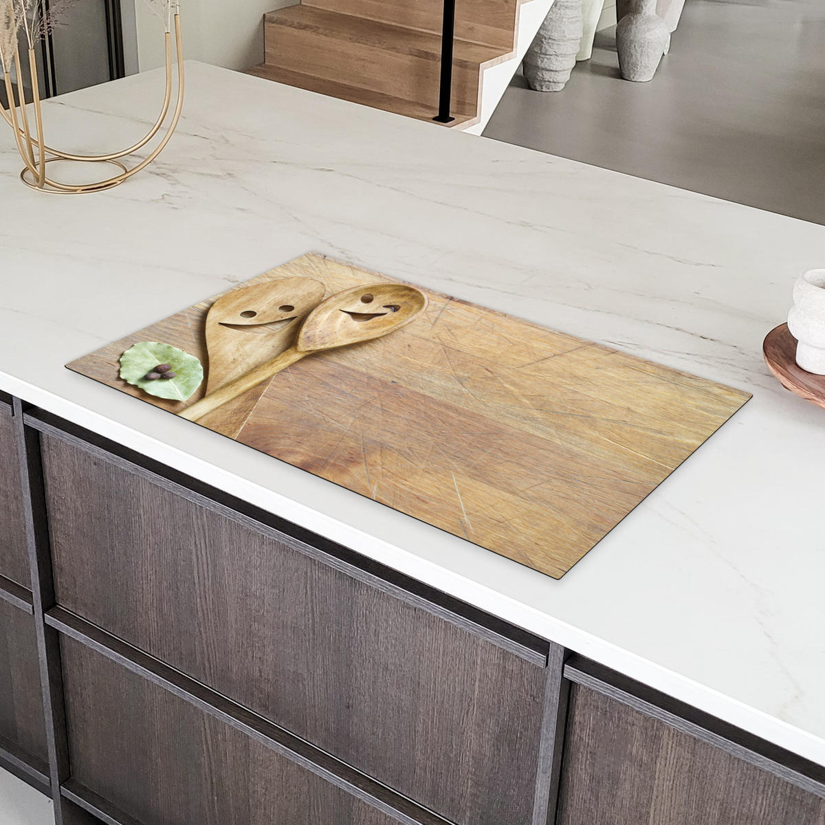 HERDABDECKPLATTE Holz - Löffel - Braun - Smiley Induktionsschutz 89.6x51.6 cm - Hellbraun, Kunststoff (89.6/51.6/0.2cm) - MuchoWow