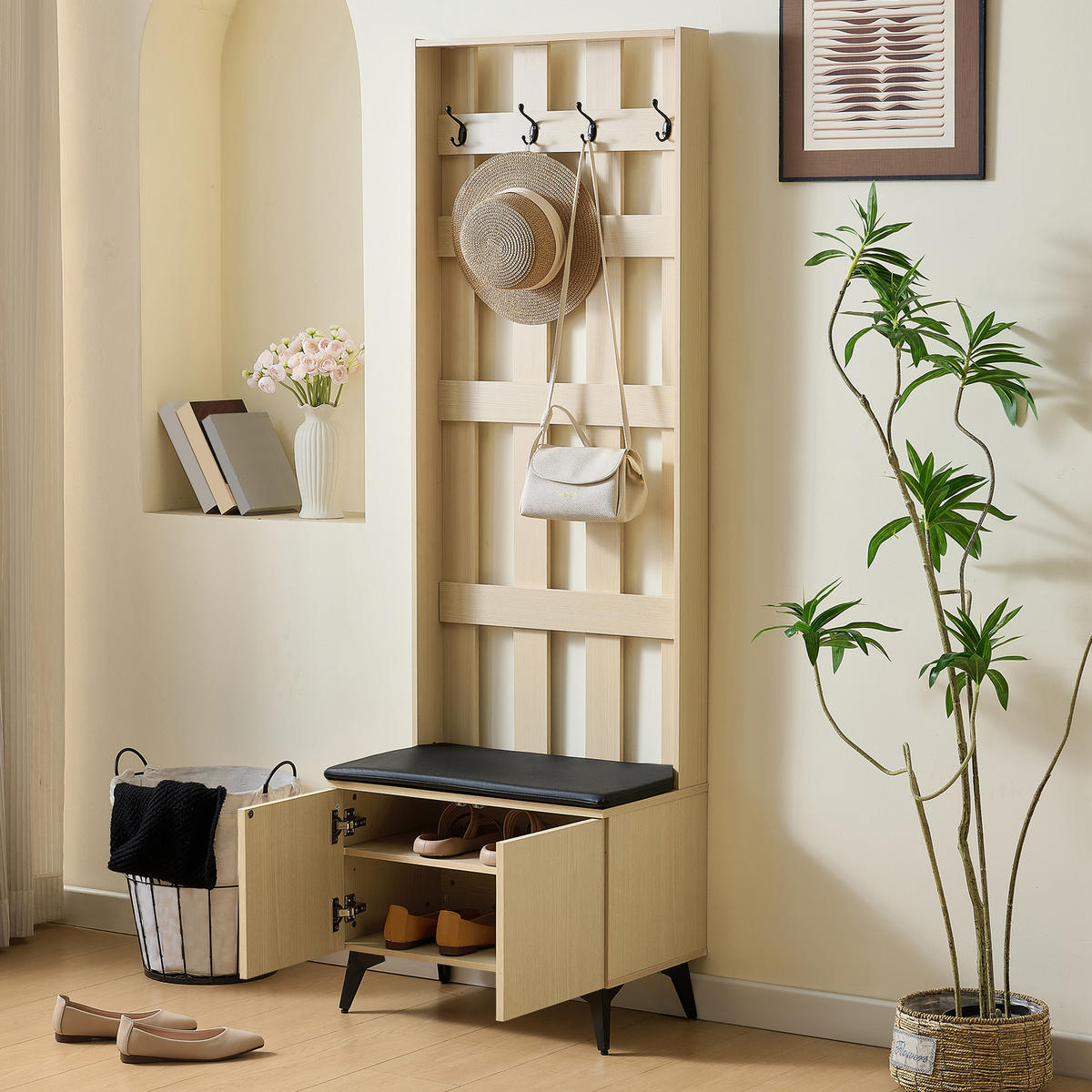 GARDEROBE Sitzbank Kleiderhaken 4 Haken Stahl Schwarz Flur Modern - Naturfarben, Holzwerkstoff (60/179.5/35cm) - FLIEKS
