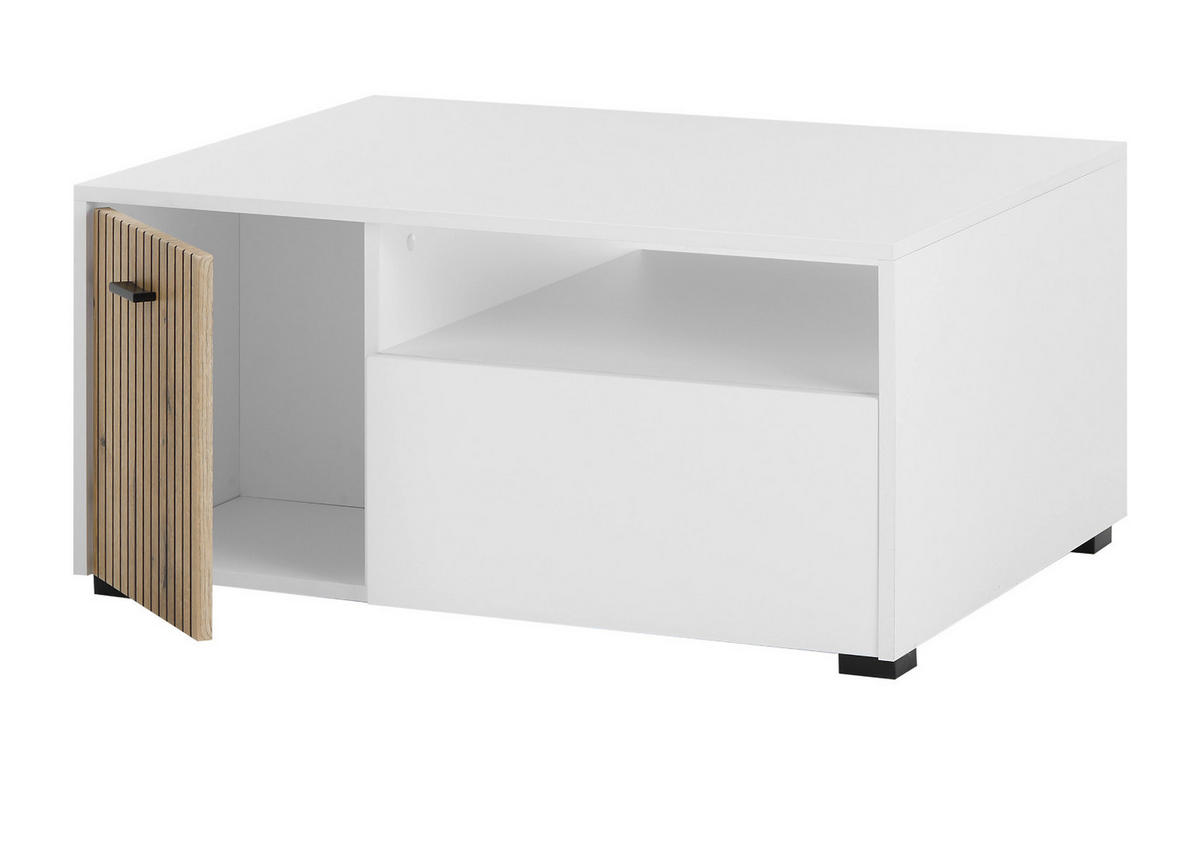 COUCHTISCH weiß matt, Eiche 90 cm, Wohnzimmertisch mit Stauraum und Soft-Close - Eichefarben/Schwarz, Holzwerkstoff/Kunststoff (90/70/43cm) - Furn.Design