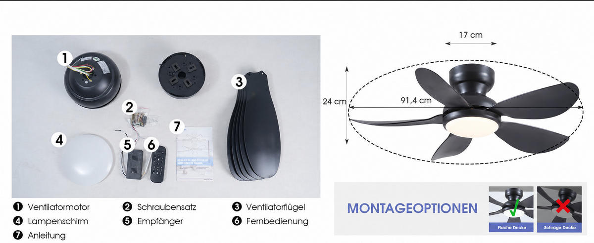 DECKENVENTILATOR Schwarz 91,4 cm mit LED und leisem DC-Motor - Schwarz, Kunststoff (91.4/91.4/24cm) - Surtime