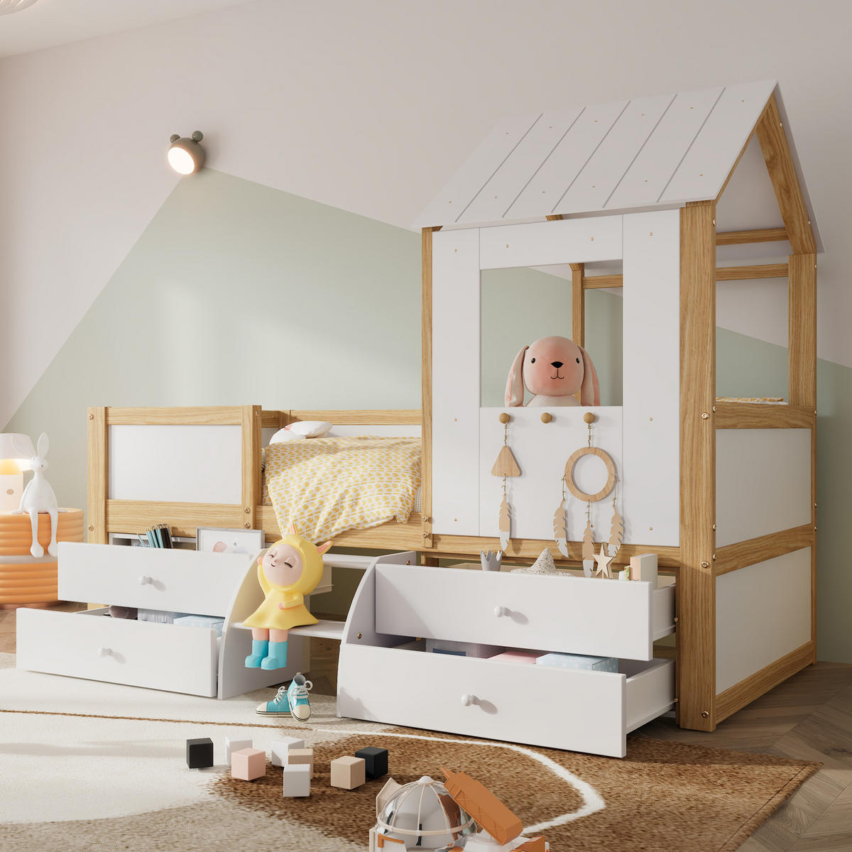 KINDERBETT Hausbett 90/200 cm, Weiß/Natur mit 4 Schubladen und Treppe - Weiß, Holz (90/200cm) - MIVRAY