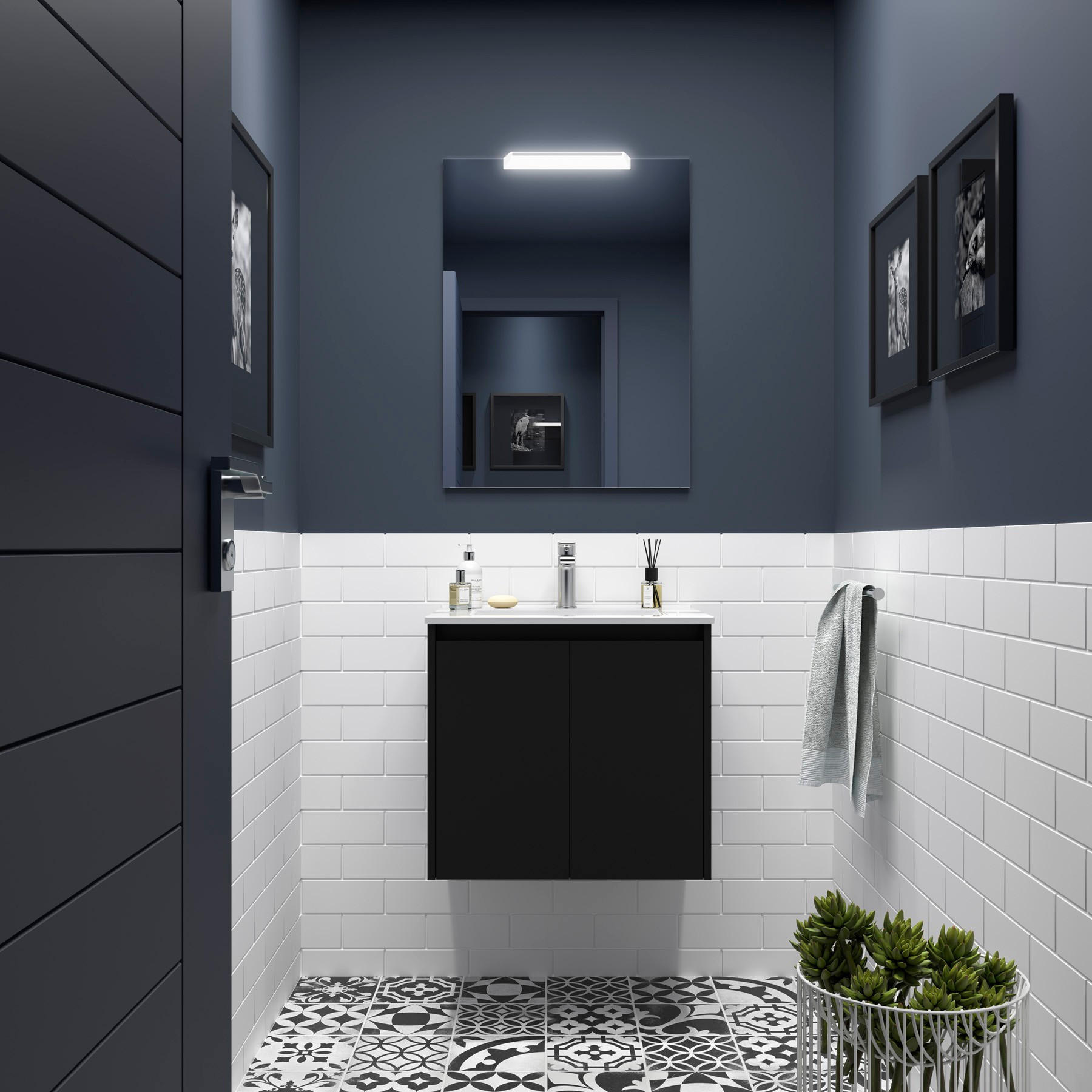 BADEZIMMERMÖBEL NOJA 600 2 Türen BLACK SATIN + Waschtisch + Spiegel - Schwarz Hochglanz/Schwarz, Metall (45/54/60cm) - Salgar