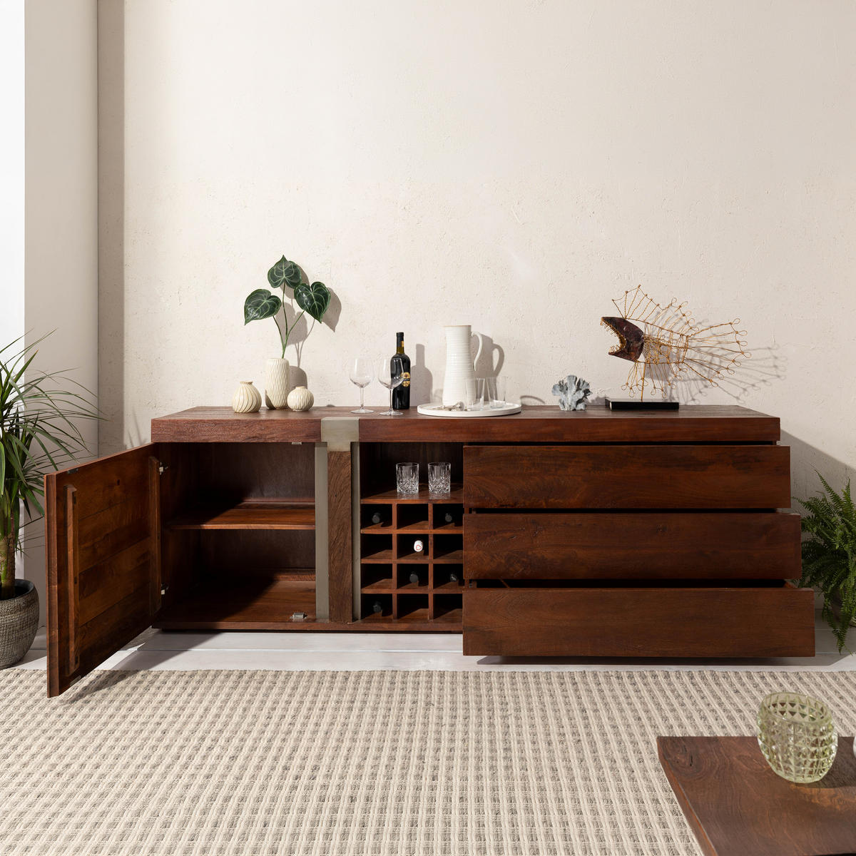 SIDEBOARD Mango 215x45x75 braun lackiert Amsterdam #29 - Braun, Holz (215/75/45cm) - Massivmoebel24