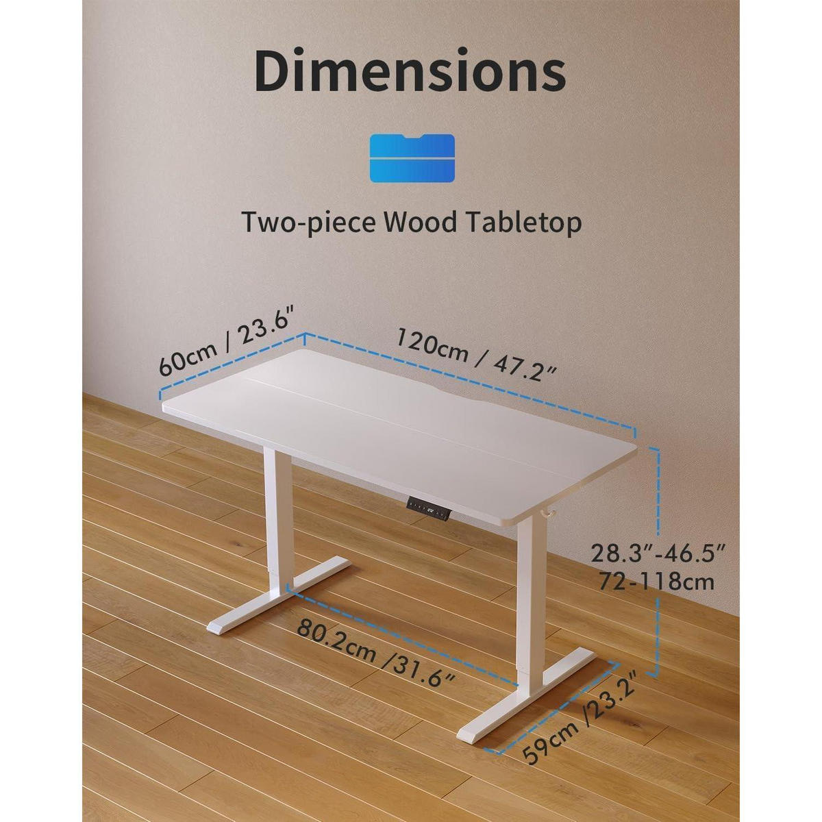 SCHREIBTISCH Höhenverstellbar Elektrisch 120 x 60 cm Weiß mit USB-Anschlüssen - Weiß, Holzwerkstoff (60/120/72cm)