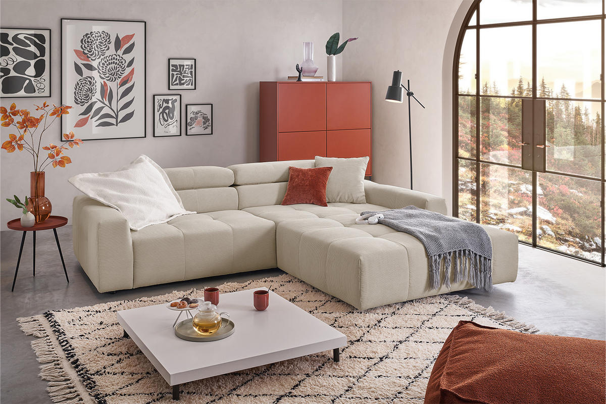 ECKSOFA RENO Beige Cord - Beige/Schwarz, Kunststoff/Textil (258/217cm) - KAWOLA
