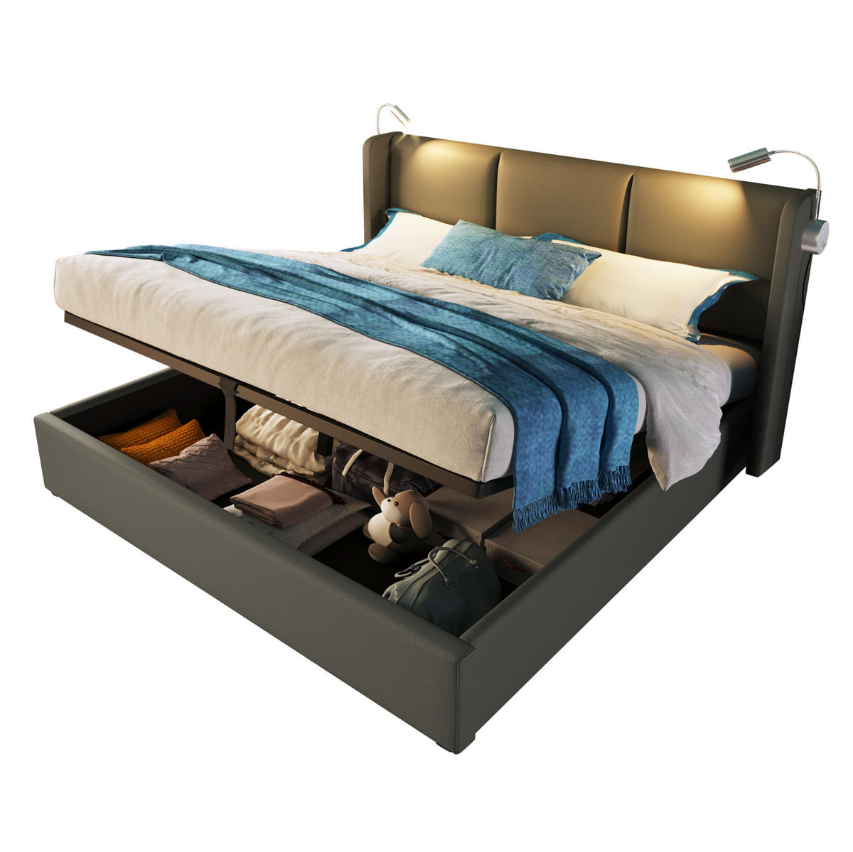 POLSTERBETT aus PU 140x200 cm Grau mit Bettkasten, Leselampe und USB-Ladefunktion - Grau, Leder (140/200cm) - IVMEU