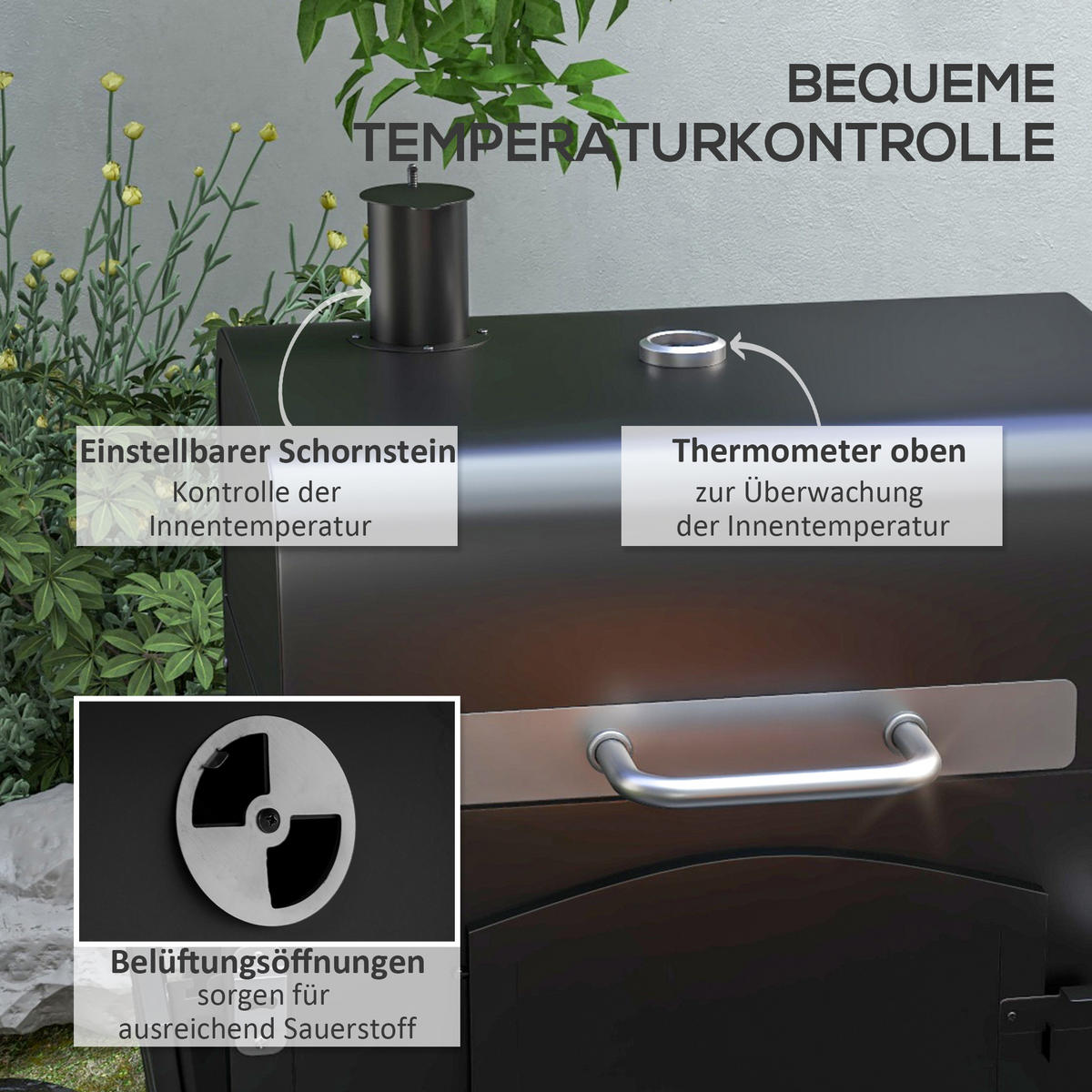 HOLZKOHLEGRILL - Schwarz, Metall (66/112/124cm) - Outsunny