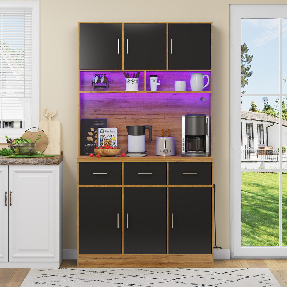 SIDEBOARD 100x40x180 cm, LED, Schubladen, verstellbare Böden, Schwarz - Schwarz, Holz (100/180/40cm)