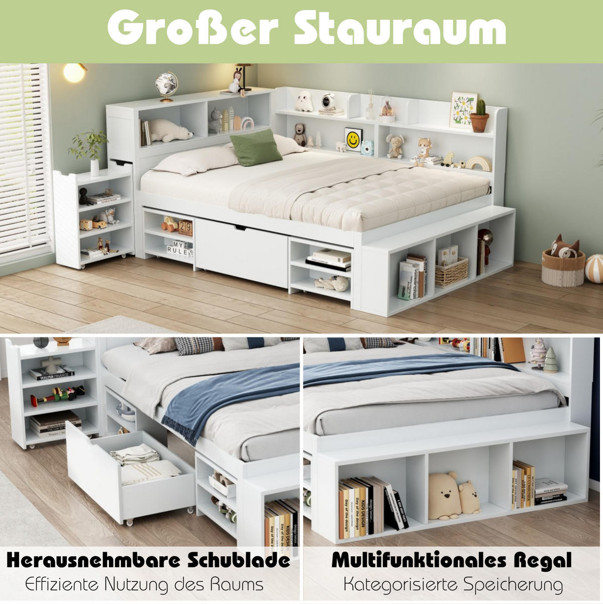 KINDERBETT 140/200 cm Weiß aus Sperrholz mit Stauraum und Lattenrost - Weiß, Holz (140/200cm) - OKMYHOME