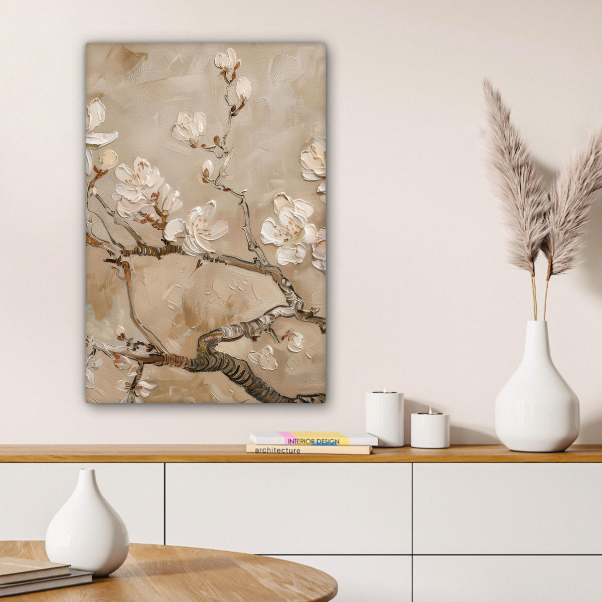 LEINWANDBILD - Blumen - Modern - Beige - Weiß - Blüte - 60x90 - Kunstdruck - Beige, Textil (60/90cm) - MuchoWow
