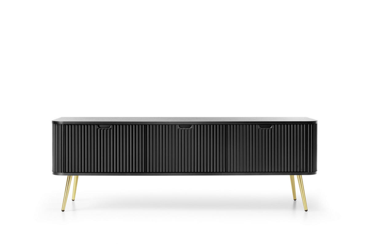 TV-SCHRANK "NOVA" Schwarz 154x39x56cm Geriffelt Regal, 2-Türen, Schublade, Gold Beine - Goldfarben/Schwarz, Holzwerkstoff/Kunststoff (168/56/39cm) - DomoHome