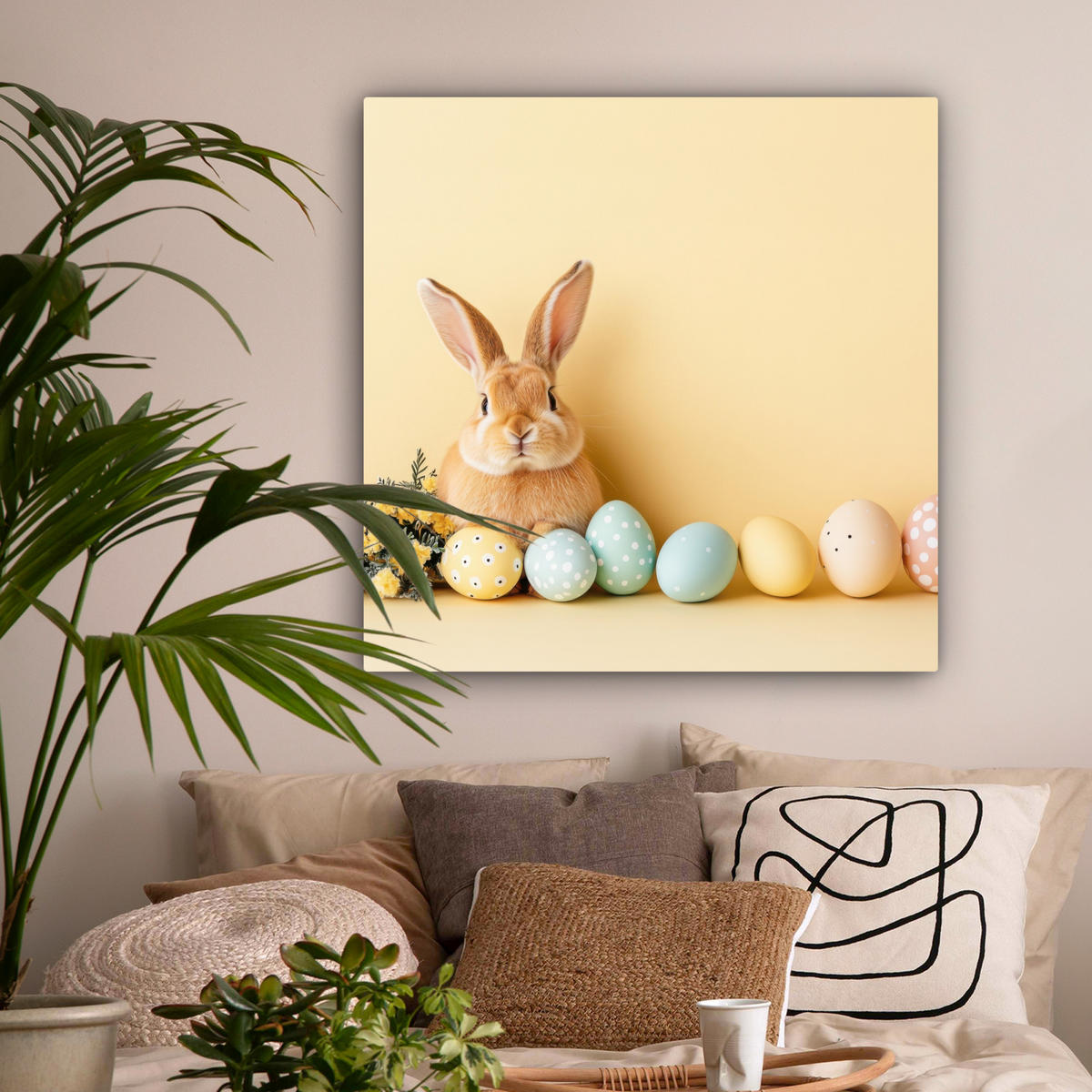 LEINWANDBILD Eier - Kaninchen - Pastellfarbtöne Deko Groß 90x90 cm - Hellgelb, Textil (90/90cm) - MuchoWow