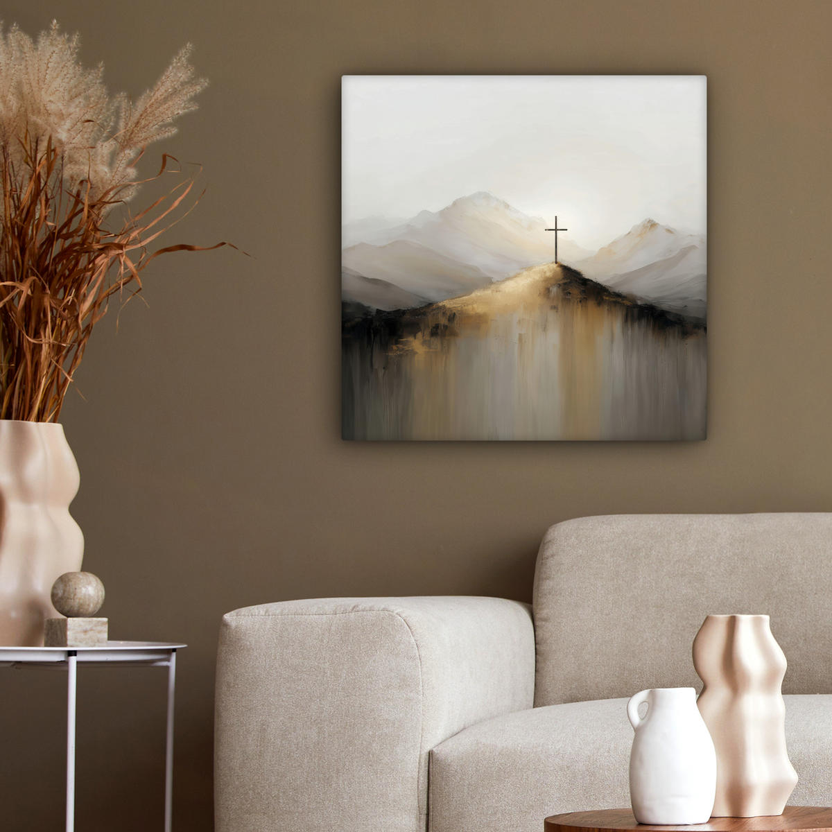 LEINWANDBILD Hügel - Abstrakt - Kreuz - Christentum Wandbild Wohnzimmer 50x50 cm - Beige, Textil (50/50cm) - MuchoWow