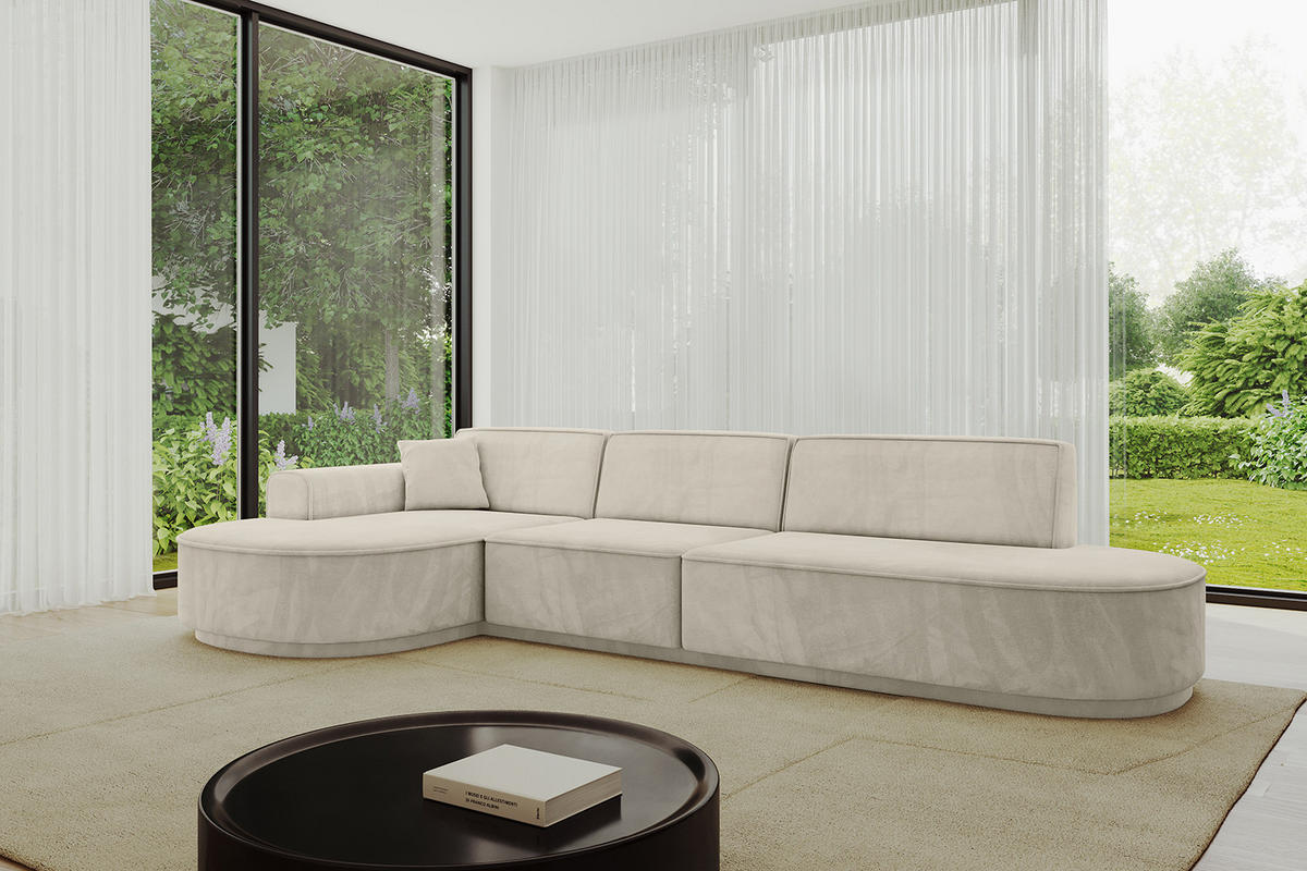 ECKSOFA Ottomane Links MARI-L2-v3 - 328x171x83 cm Ecru Velours - Ecru/Schwarz, Holzwerkstoff/Kunststoff (328/171cm) - ALTDECOR