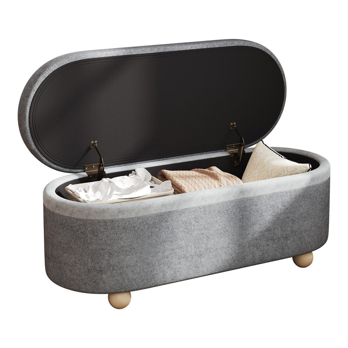 SITZBANK, Stauraum, Fleece, Holzbeine, Grau, 110x41x47cm - Grau, Textil (41/47/110cm) - FLIEKS