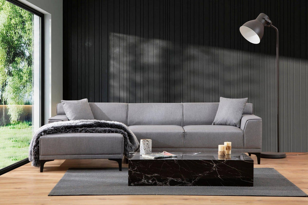ECKSOFA modern inklusive Zierkissen - Hellgrau/Schwarz, Holz/Kunststoff (250/145cm) - myHomelando