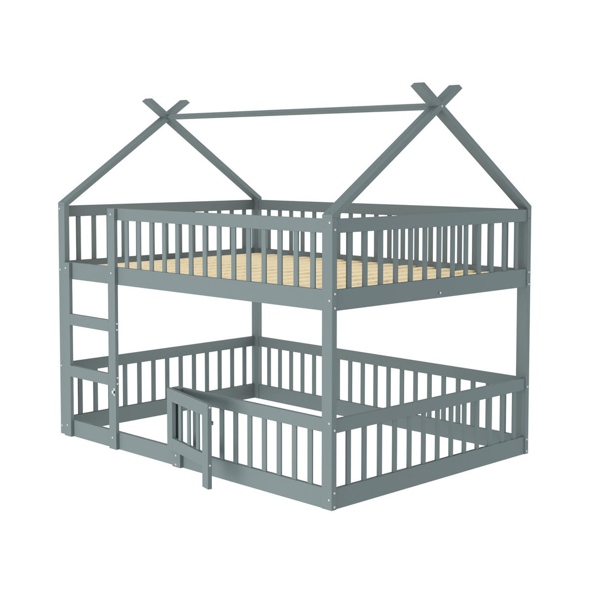 HAUSBETT 140/200 cm in Grau aus Massivholz mit Treppe und hohem Rausfallschutz - Grau, Holz (140/200cm) - Flora Grace