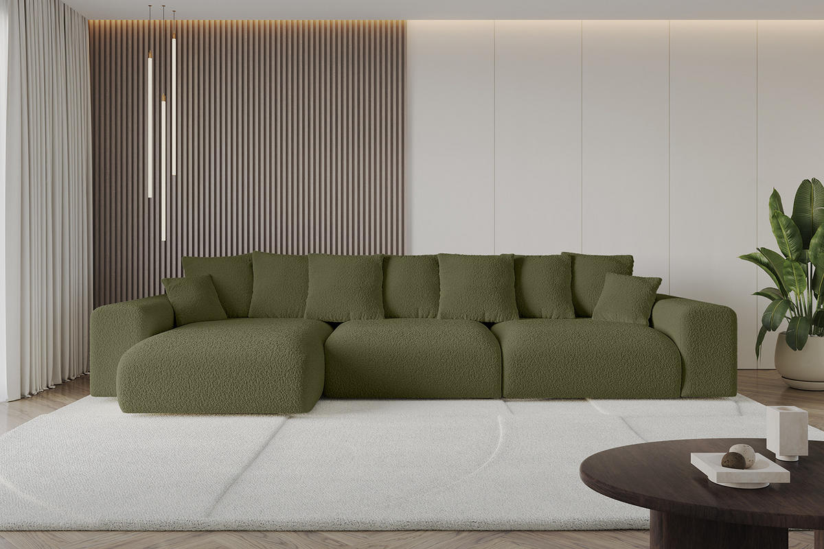 ECKSOFA Ottomane links ESKAR-L 364x176x84 Olivgrün Bouclé - Schwarz/Olivgrün, Holzwerkstoff/Kunststoff (364/176cm) - ALTDECOR