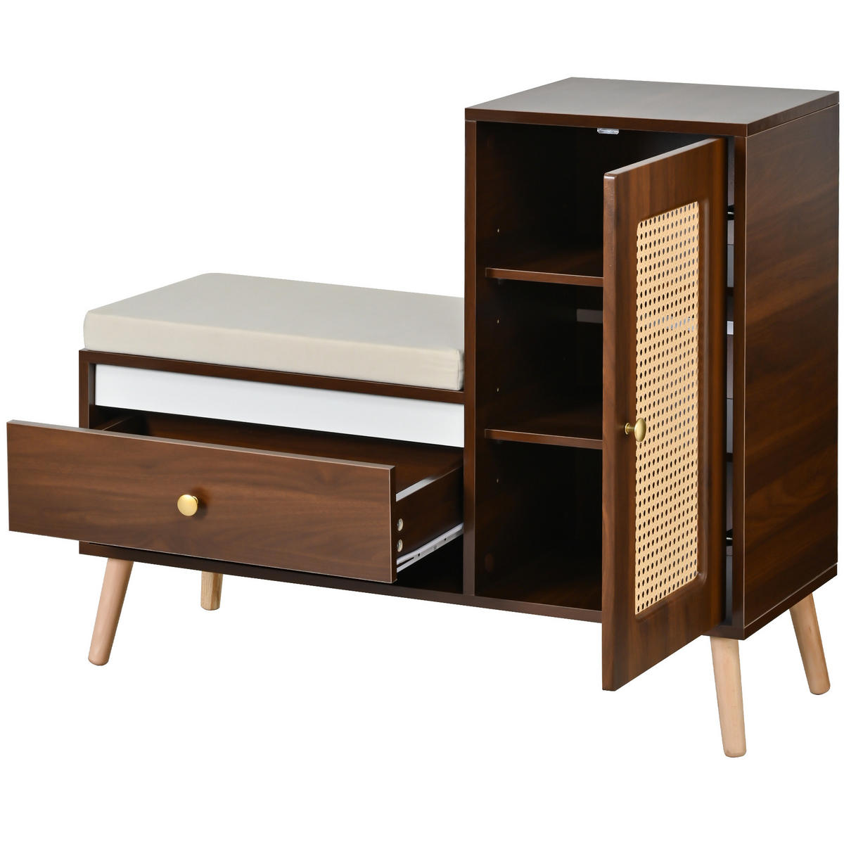 SCHUHSCHRANK 95,5/35/80,5 cm mit Sitzkissen, Schubladen und Rattan-Optik, Nussbaum - Dunkelbraun, Holzwerkstoff (95.5/80.5/35cm) - Redom