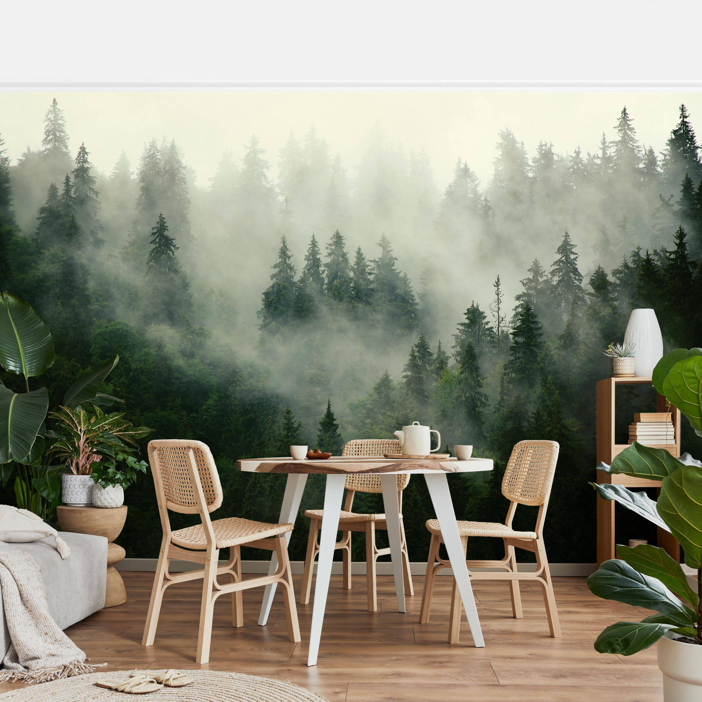 FOTOTAPETE Tiefgrüner Tannenwald im Nebel 384/255 cm - Grün, Papier (384/255cm) - Bilderwelten