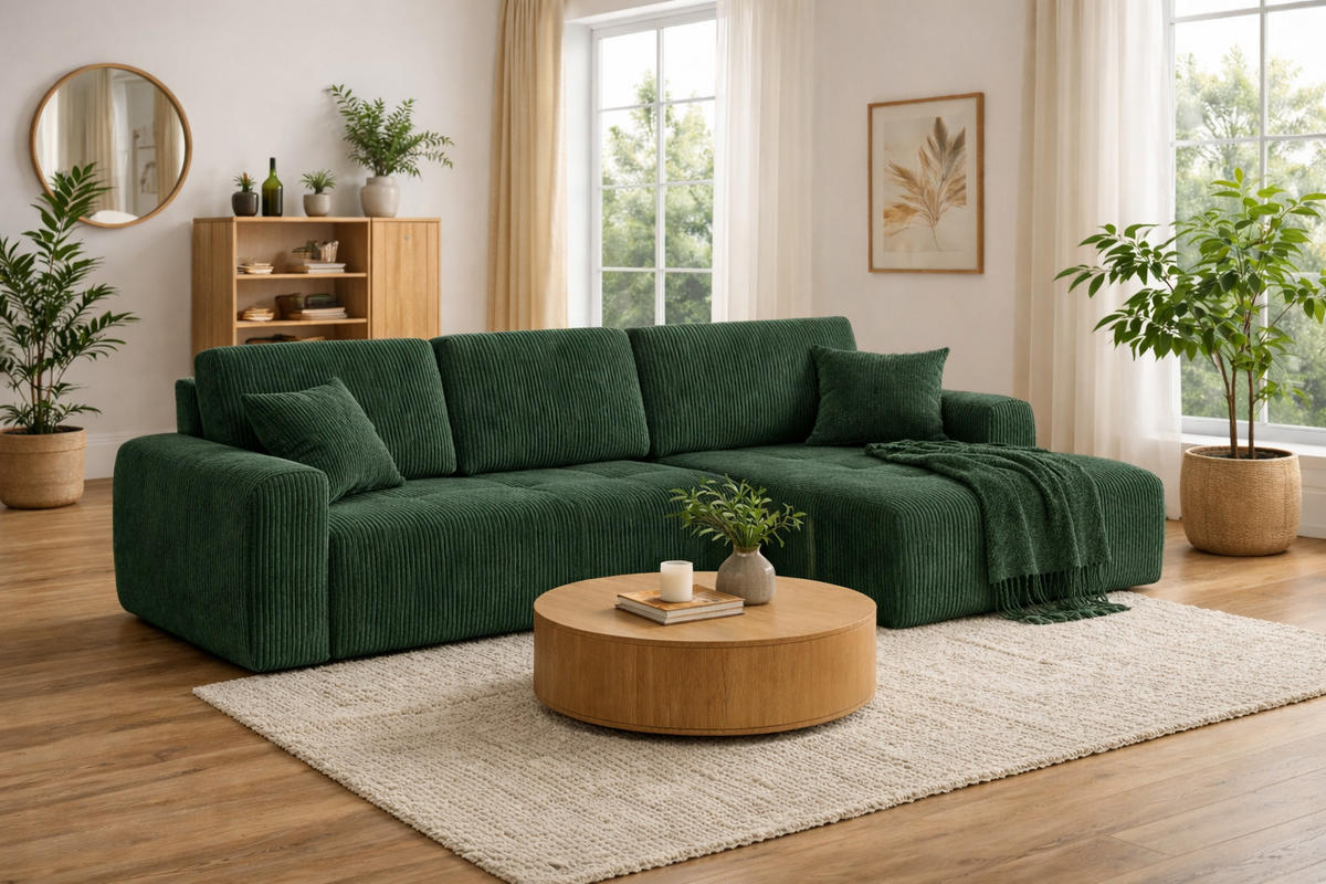 ECKSOFA Mit Schlaffunktion Und Bettkasten L-Form Ivo XL, Cordstoff Poso, Grün, Rechts - Grün, Holz (280/142cm) - Kaiser Möbel