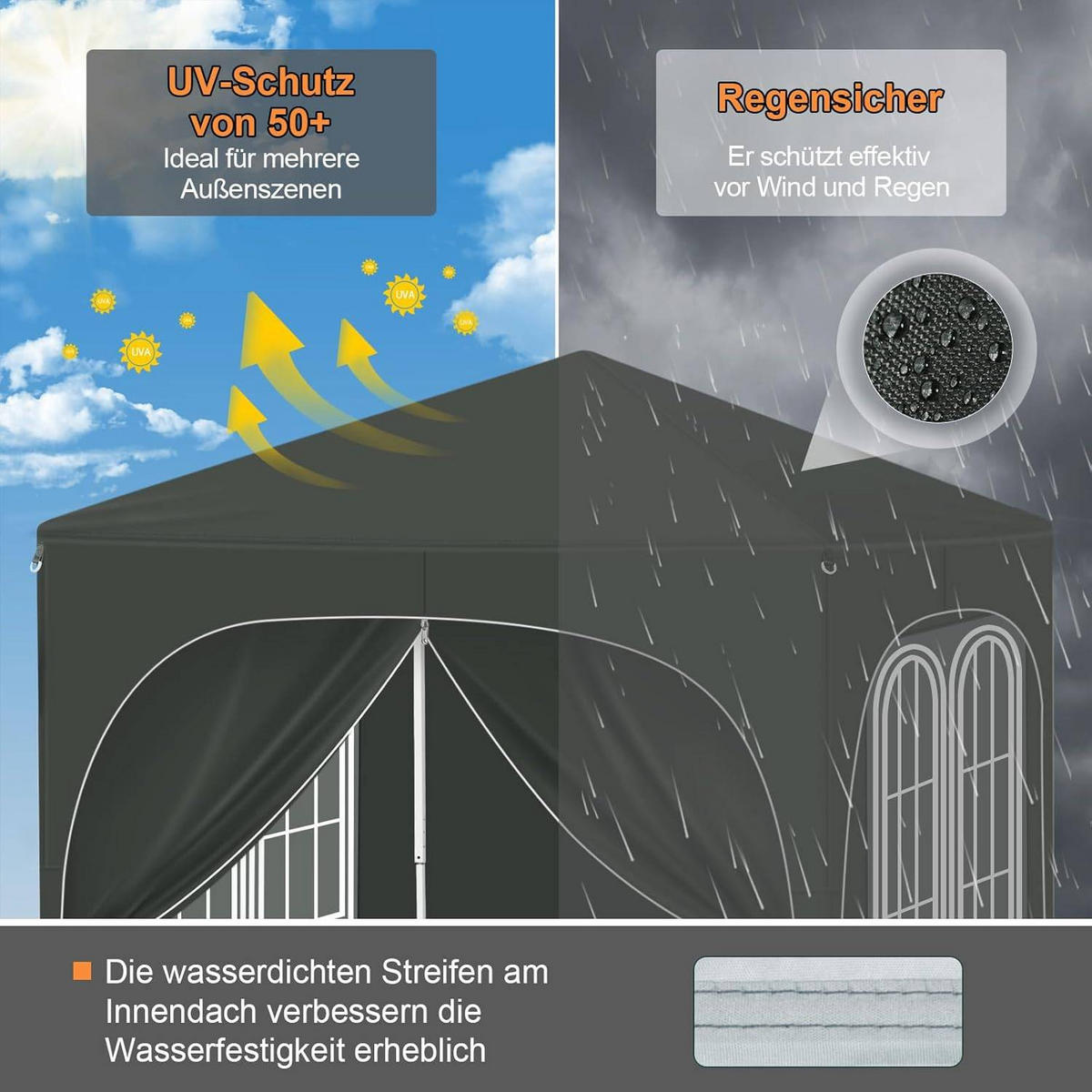 PAVILLON 2x2m mit 4 abnehmbaren Wänden, 3-stufig Höhenverstellbar - Grau, Metall (200/240/200cm) - Woltu