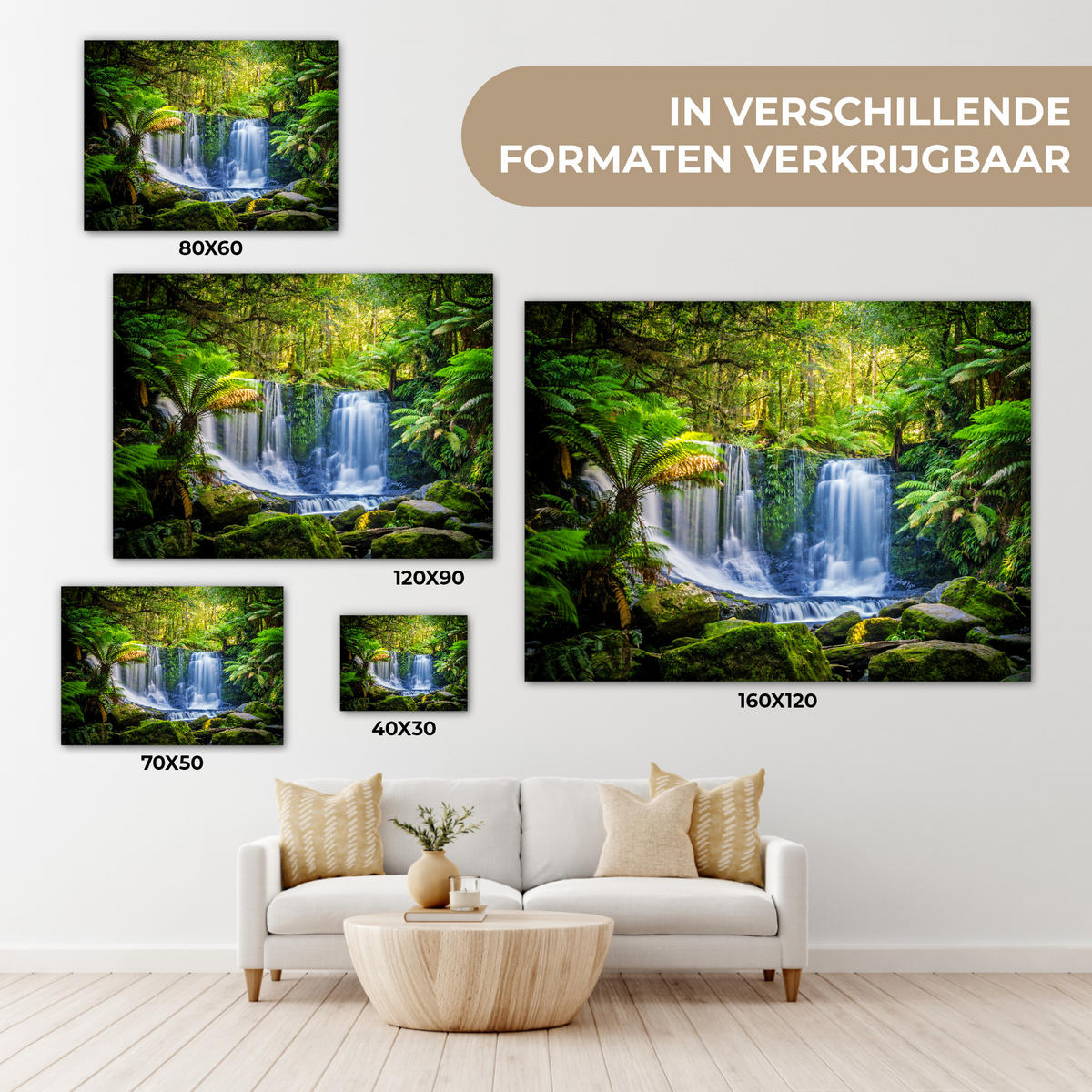 LEINWANDBILD Dschungel - Wasserfall - Australien - Pflanzen - Natur Wandbilder 80x60 cm - Dunkelgrün, Textil (80/60cm) - MuchoWow