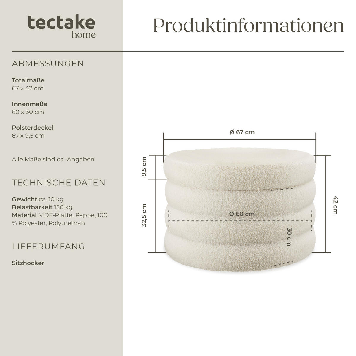 SITZHOCKER mit Stauraum Altu Xl,67 x 42 cm,Bouclé creme-weiß - Creme/Weiß, Holz (67/42/67cm) - tectake