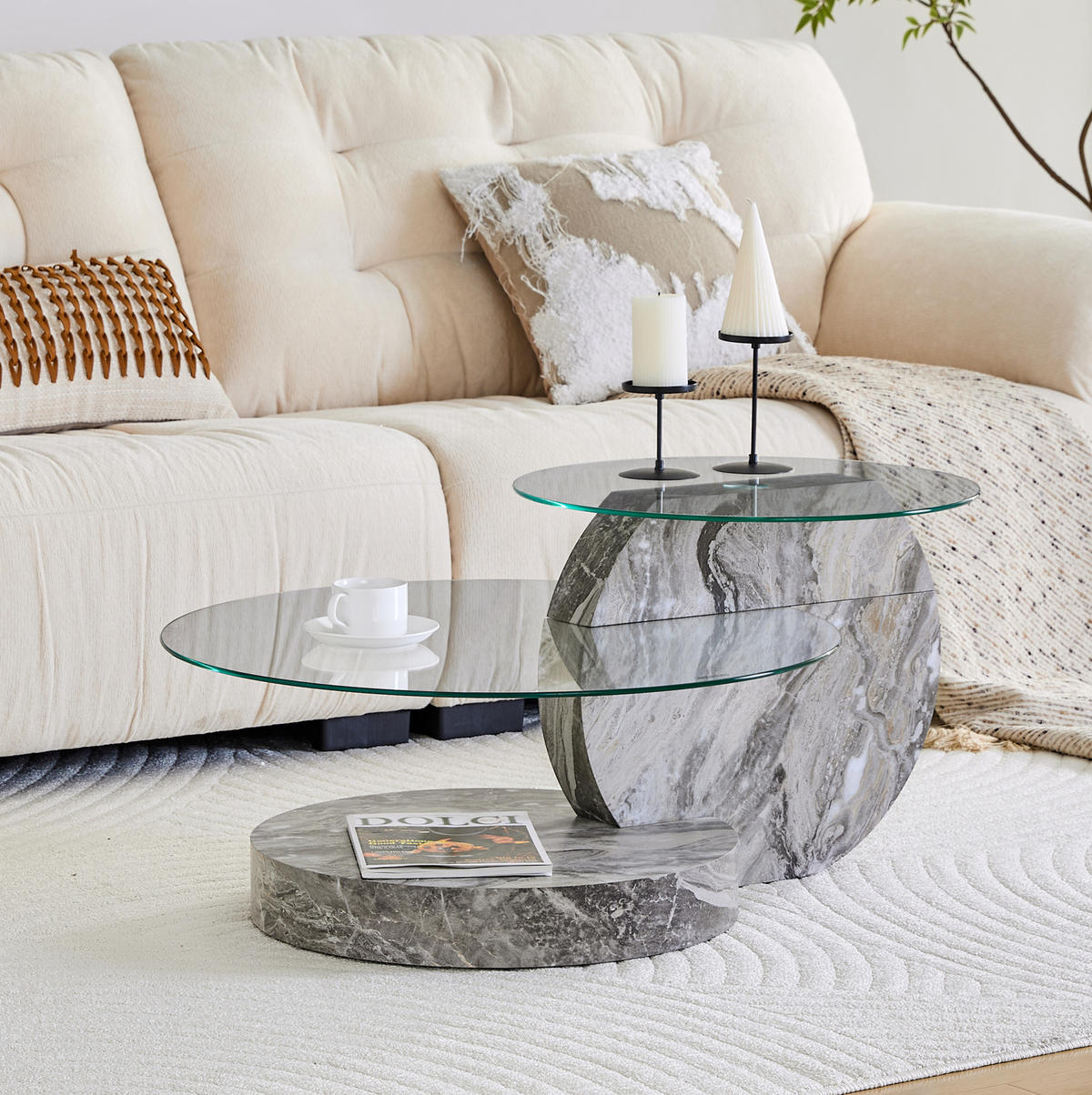 COUCHTISCH aus Glas und MDF Ø50 & 70x44 cm in Grau mit 2 Ebenen - Grau, Glas (70/70/44cm) - Modfu