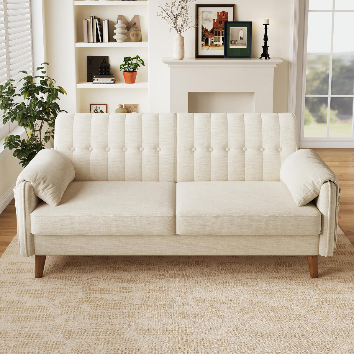 2-SITZER-SOFA Chenille mit Massivholzbeinen, DE-42464, Beige - Beige, Holzwerkstoff (161.5/83.5/79cm) - ComfortXL
