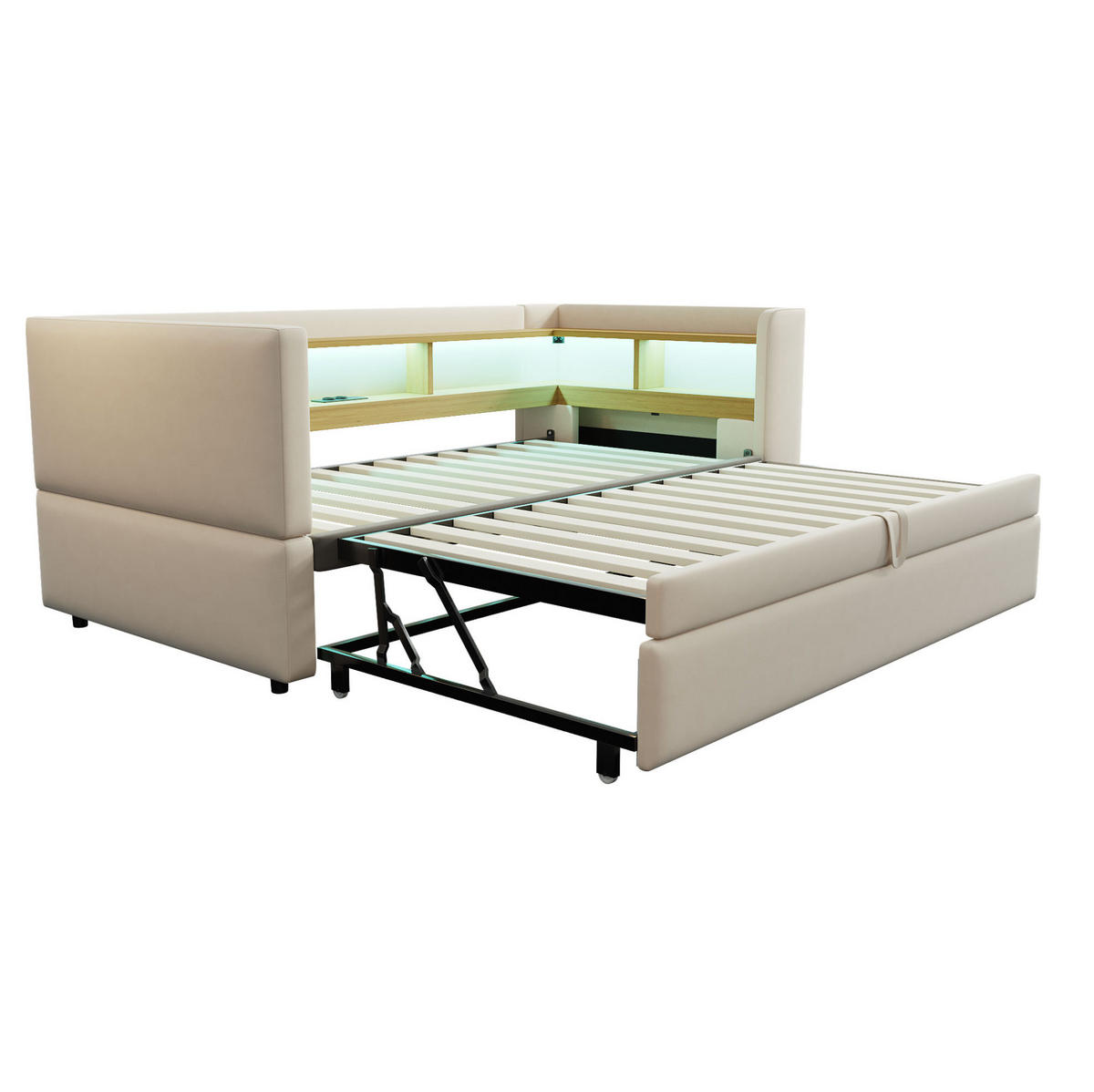 POLSTERBETT 90/180 cm Beige aus Flanell mit LED und Steckdosen - Beige, Textil (90/190cm) - OKMYHOME