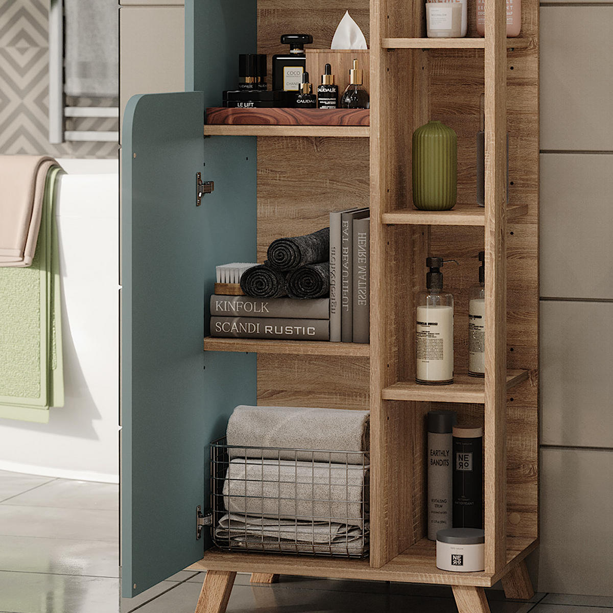 BADSCHRANK Karen Sonoma/Blau 50 x 175 cm mit 2 Türen - Dunkelblau/Sonoma Eiche, Holzwerkstoff (50/175/35cm) - Vicco