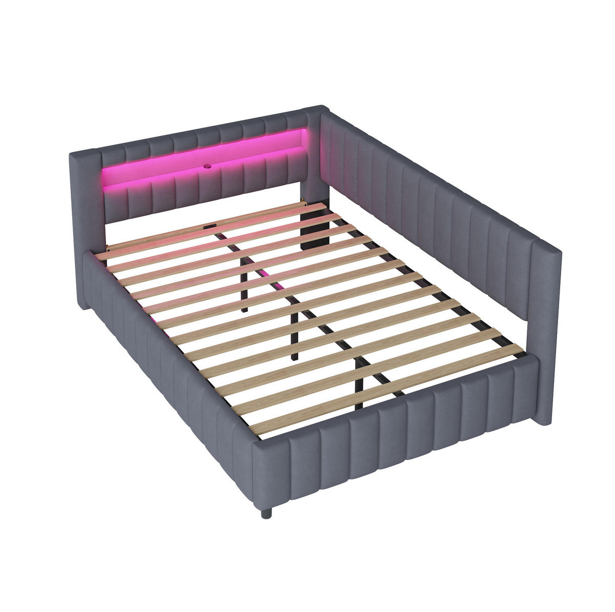 ČALÚNENÁ posteľ 140/200 cm sivá s LED osvetlením a USB portom zo zamatu - sivá, textil (140/200cm) - OKWISH