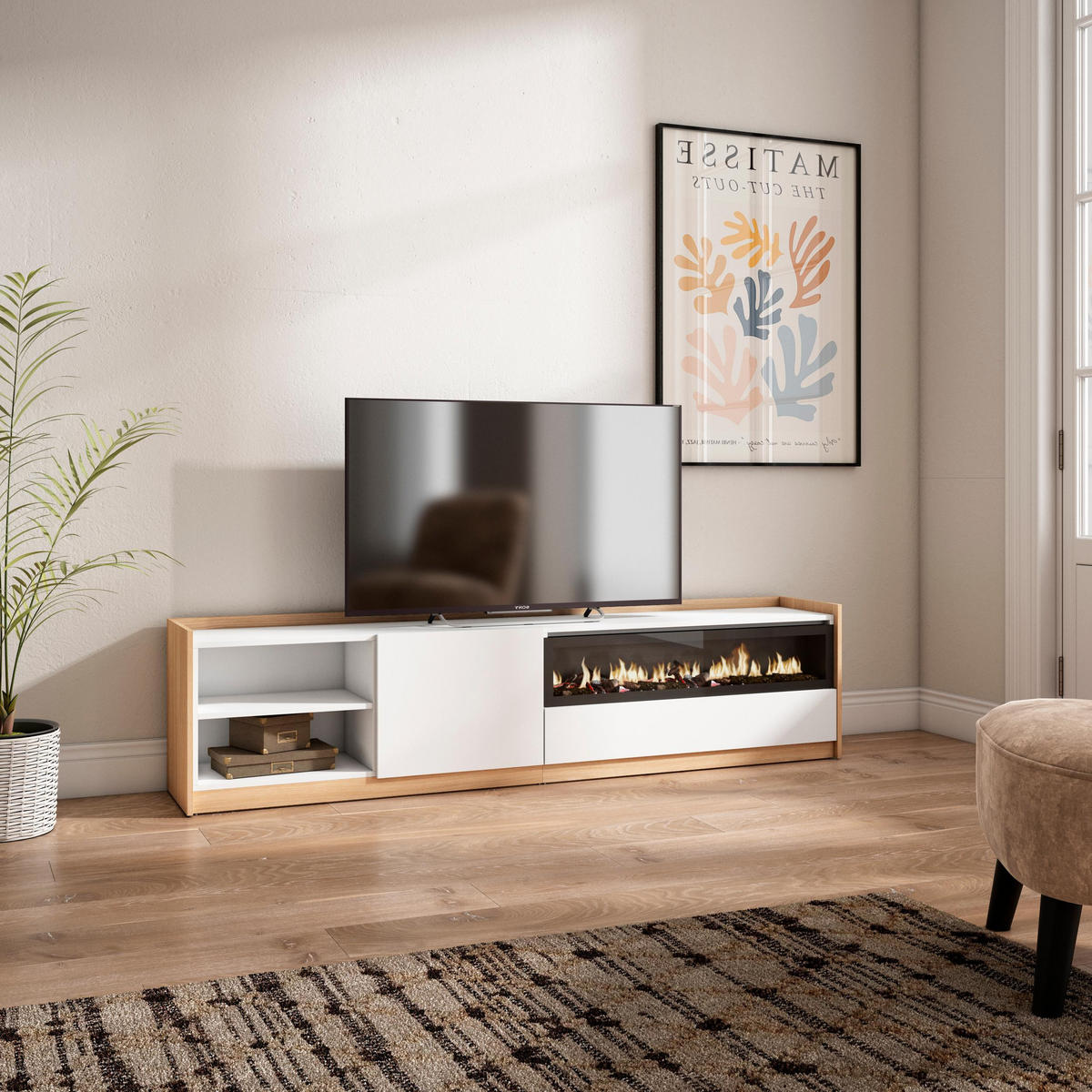 TV-SCHRANK, Lowboard, Weiß und Eiche Soft, Elektrokamin, 207/37/50cm - Weiß, Holzwerkstoff (207/50/37cm) - Skraut Home