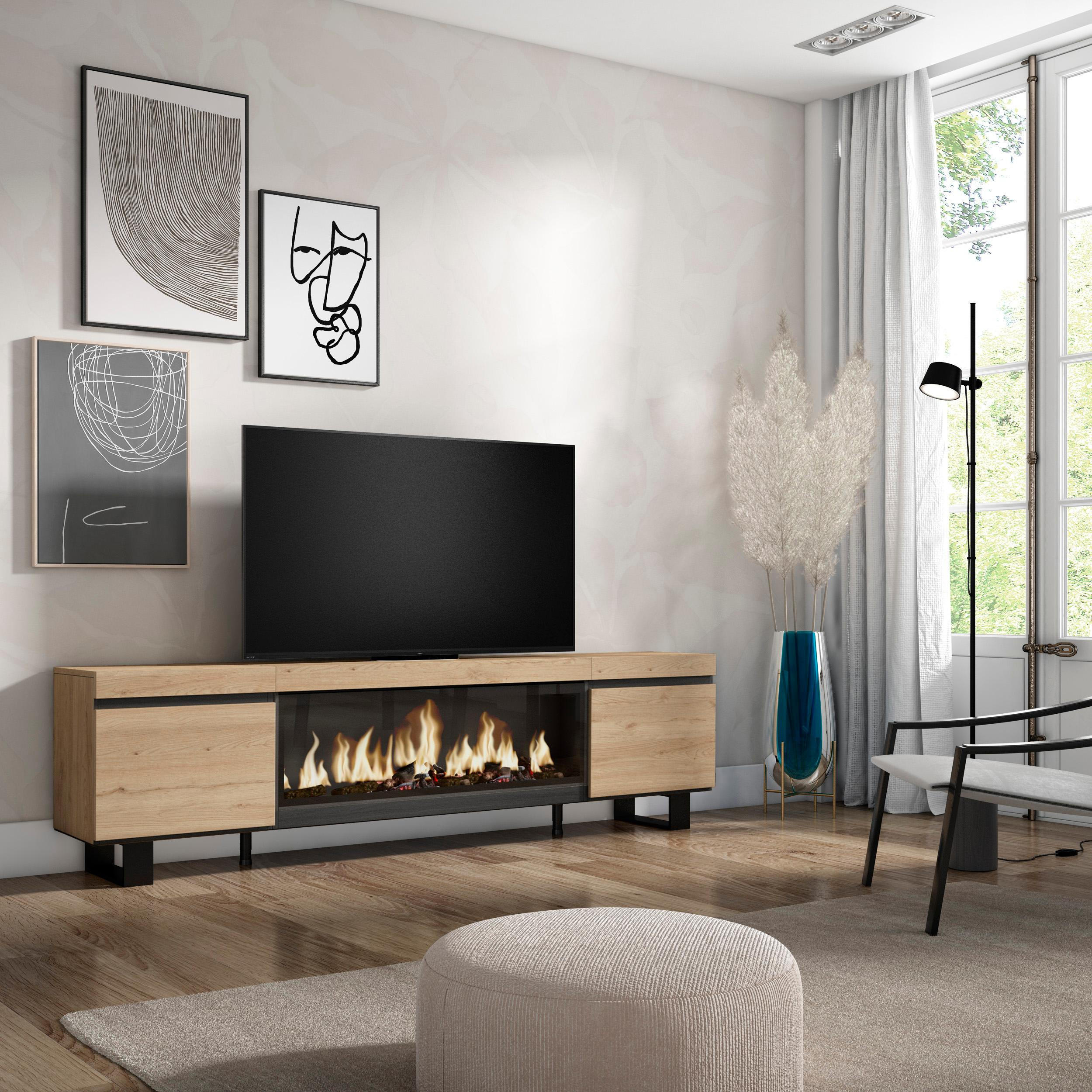 LOWBOARD, Tv-Schrank Elektrokamin XXL, eiche, 208/35/57cm - Eichefarben/Multicolor, Holzwerkstoff (208/57/35cm) - Skraut Home