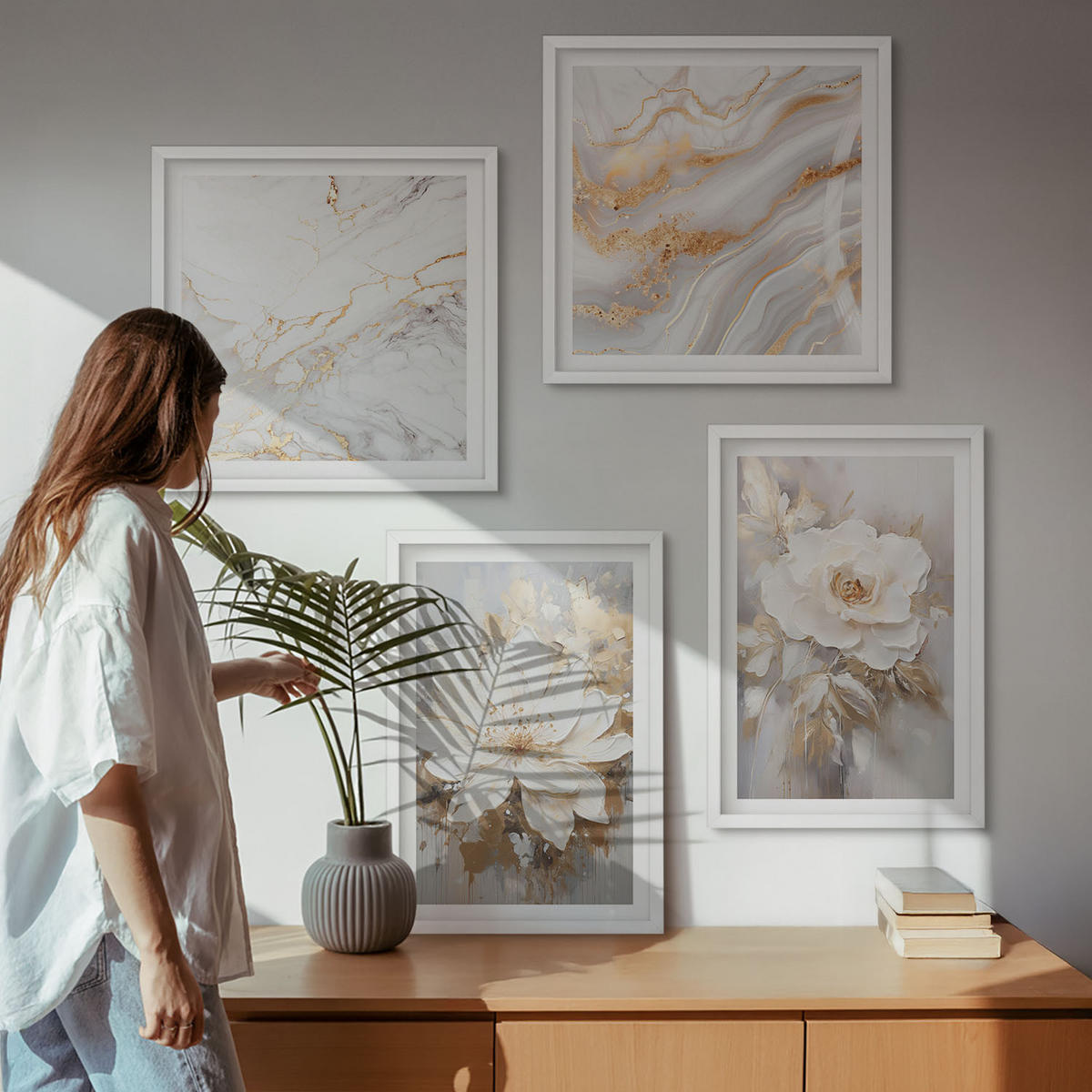 BILDER SET 4er Set - 50x50 cm & 40x60 cm Weißer Rahmen - Abstrakte Blumen aus Marmor - Weiß, Kunststoff (50/50cm) - TULUP
