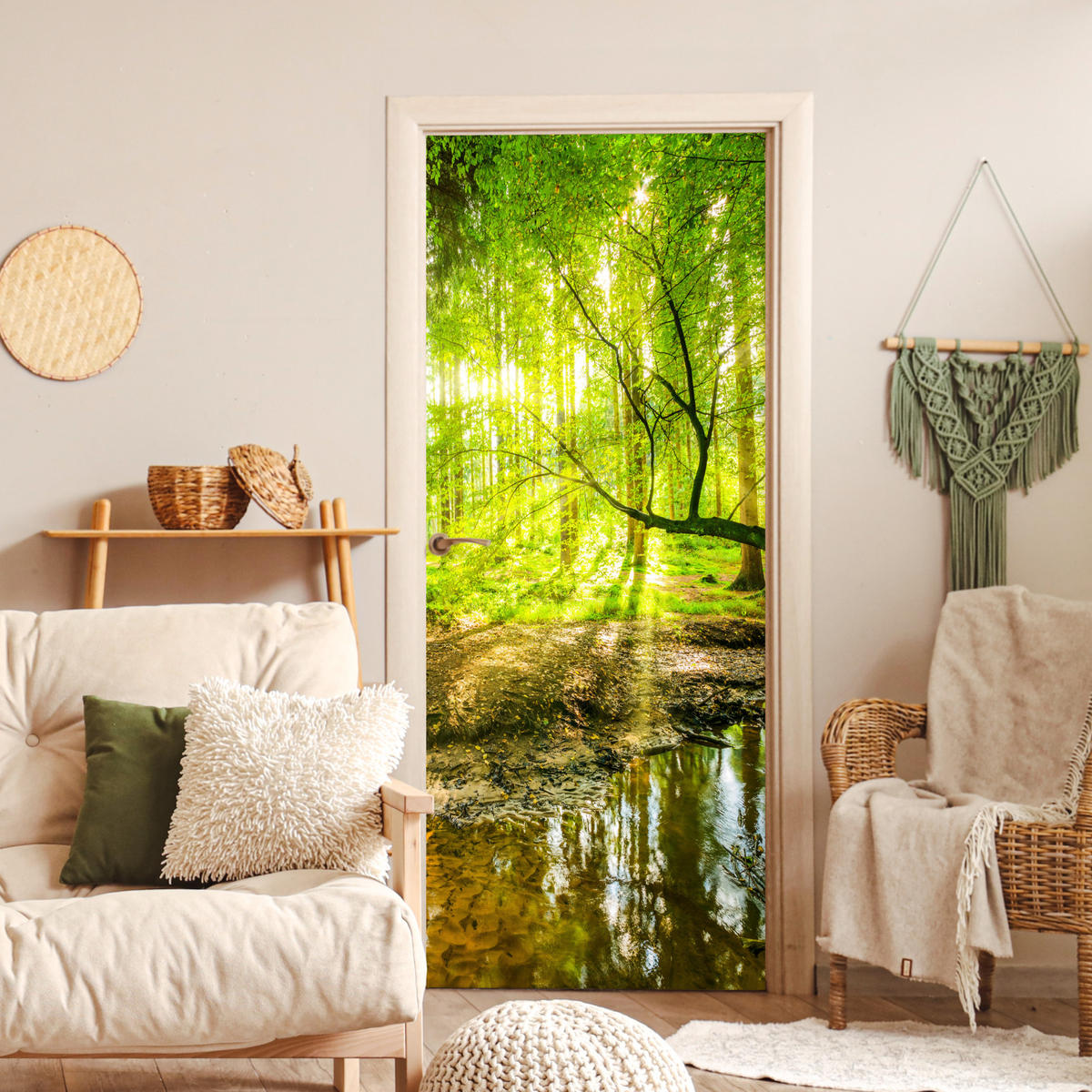 TÜRAUFKLEBER Selbstklebend - Wald - Landschaft - Wasser - Bäume - Sonne - Grün - Natur 80x205 cm - Türtapete - Hellgrün, Kunststoff (80/0.1cm) - MuchoWow