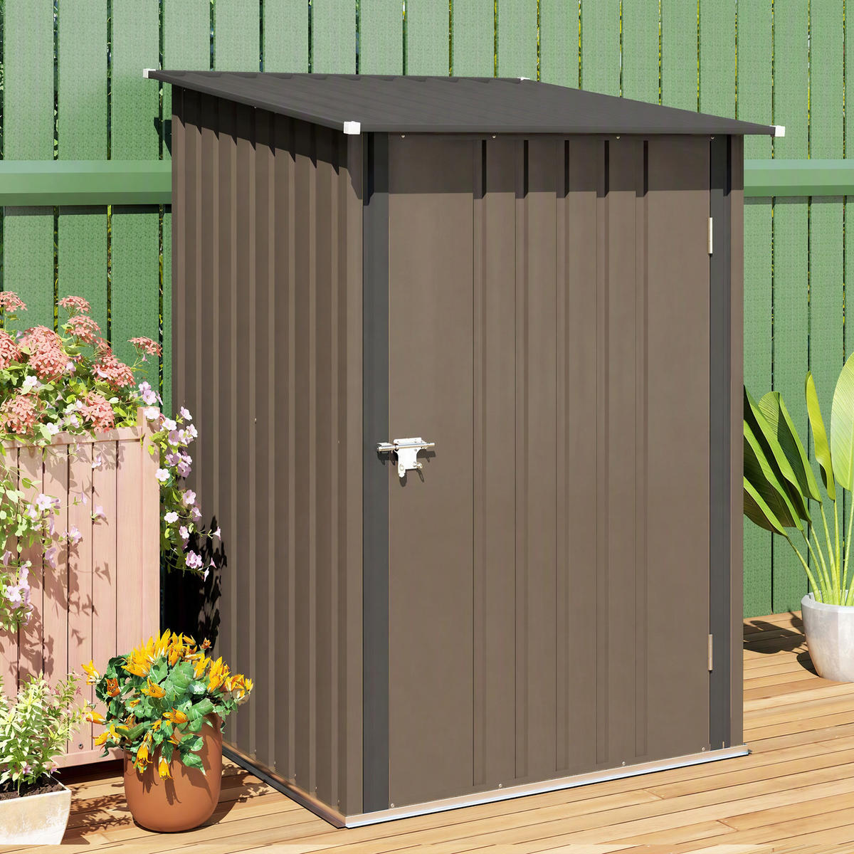 OCELOVÁ kůlna, 0,92 m² kůlna s pultovou střechou na balkon, hnědá - hnědá, kov (103/160/100cm) - Outsunny