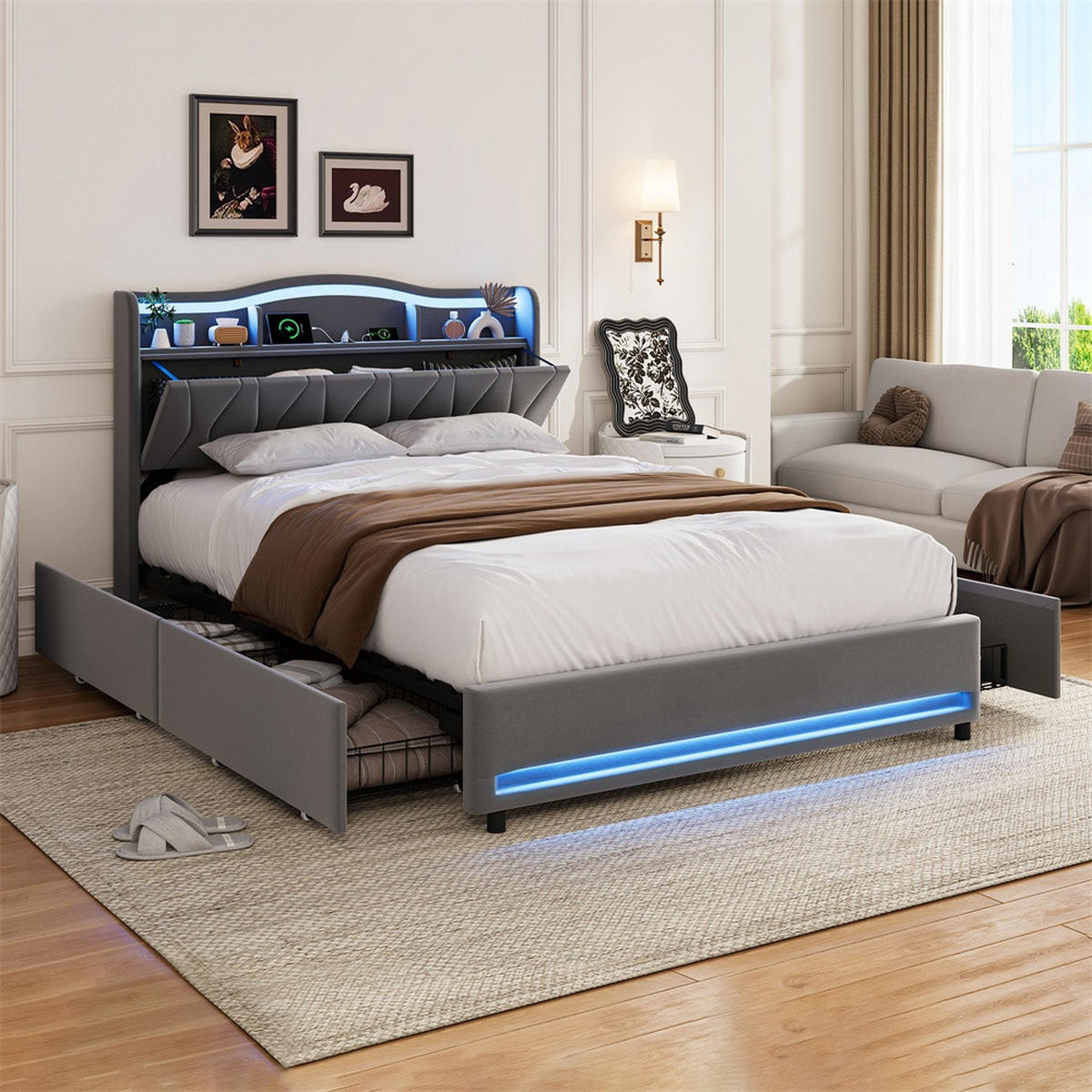 POLSTERBETT 140x200cm - Doppelbett mit 4 Schubladen - RGB-LED-Beleuchtung - Stauraum-Kopfteil - ohne Matratze - Grau - Grau, Textil (140/200cm) - DELFA